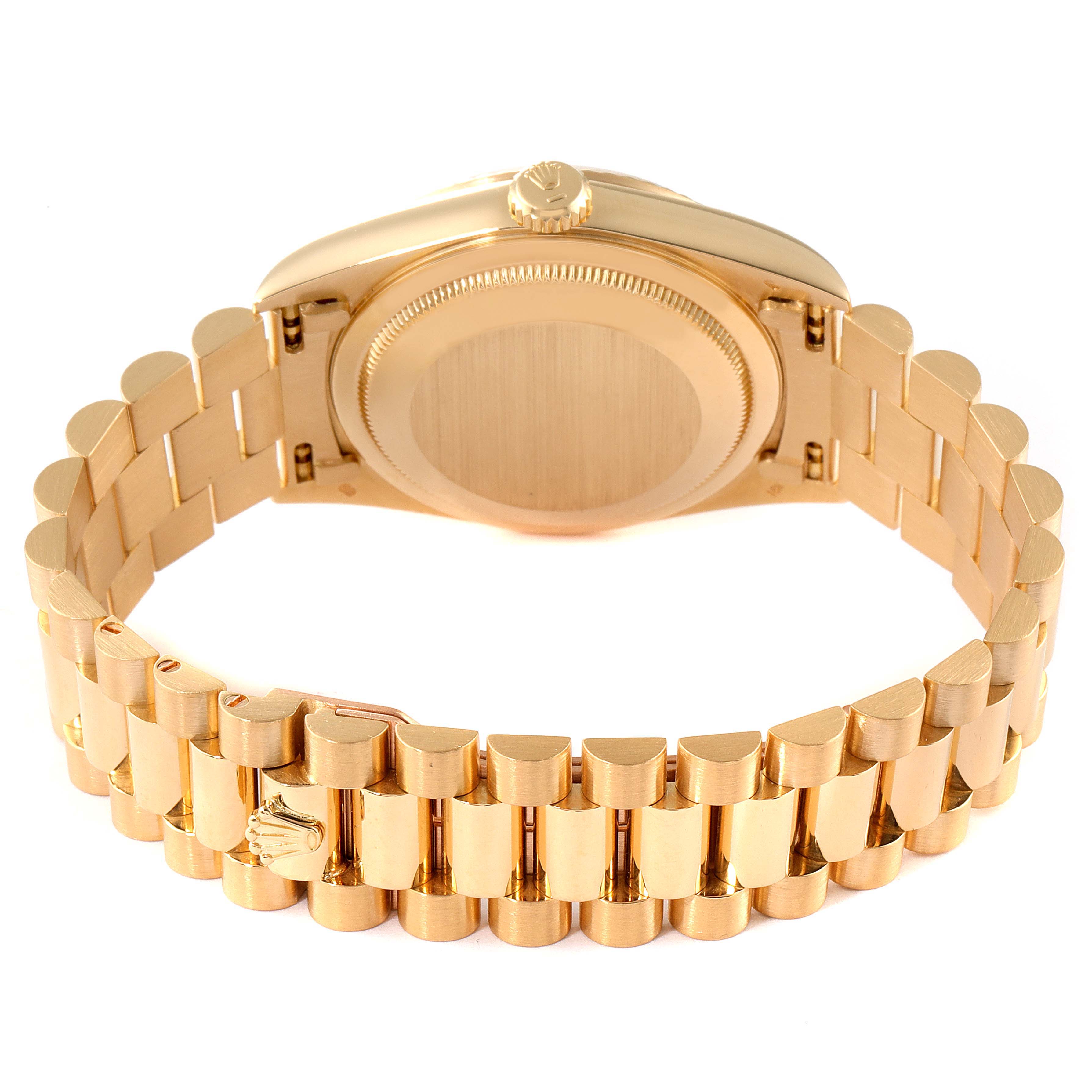 The image shows the back and band of a Rolex President 18238 Men's Yellow Gold Black Dial 18238 Men's Yellow Gold Black Dial model watch, viewed from an angle highlighting the bracelet and case back.