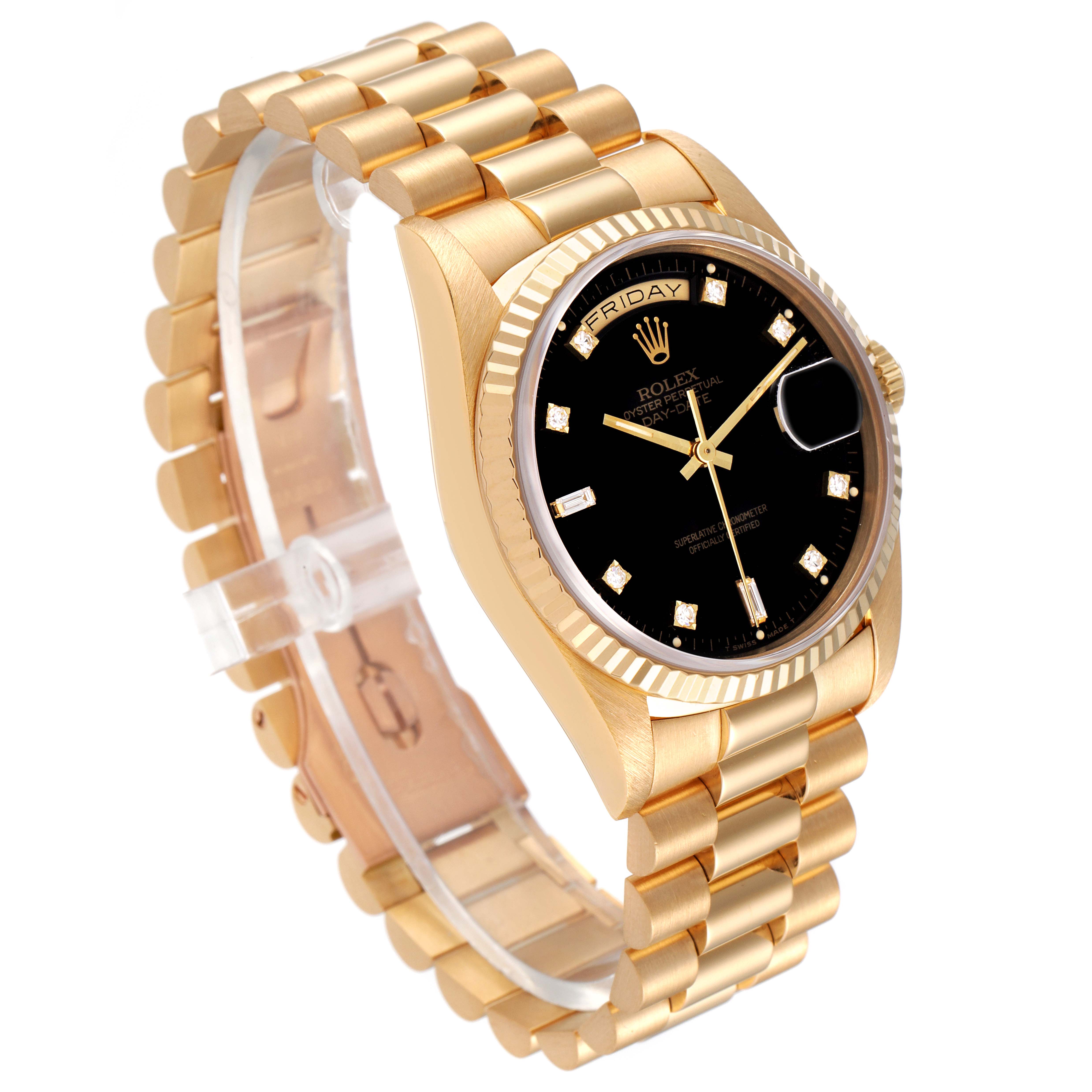 The Rolex President 18238 Men's Yellow Gold Black Dial 18238 Men's Yellow Gold Black Dial model watch is shown at a 3/4 angle, highlighting its gold bracelet, black dial, and fluted bezel.