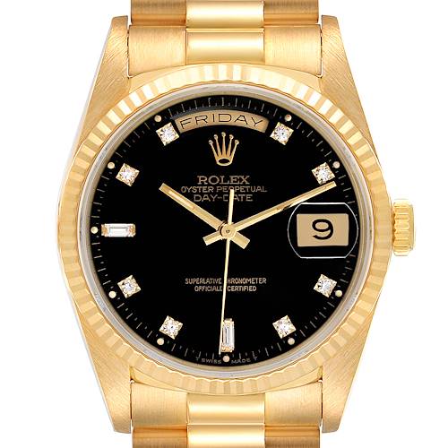 Photo of Rolex President Day-Date Yellow Gold Black Diamond Dial Mens Watch 18238