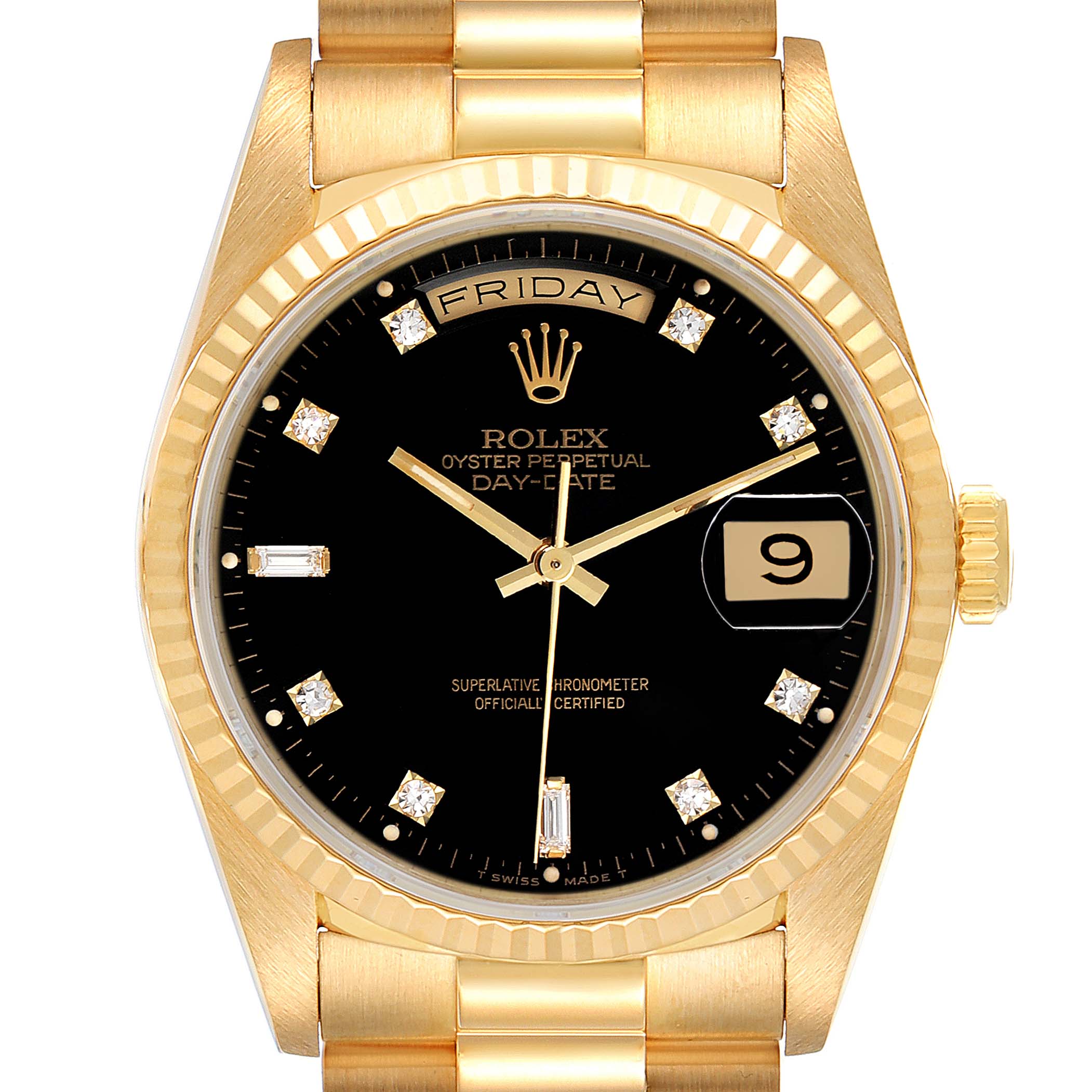 The image shows a frontal view of a Rolex President 18238 Men's Yellow Gold Black Dial 18238 Men's Yellow Gold Black Dial watch displaying the black dial, day, date, and diamond markers.