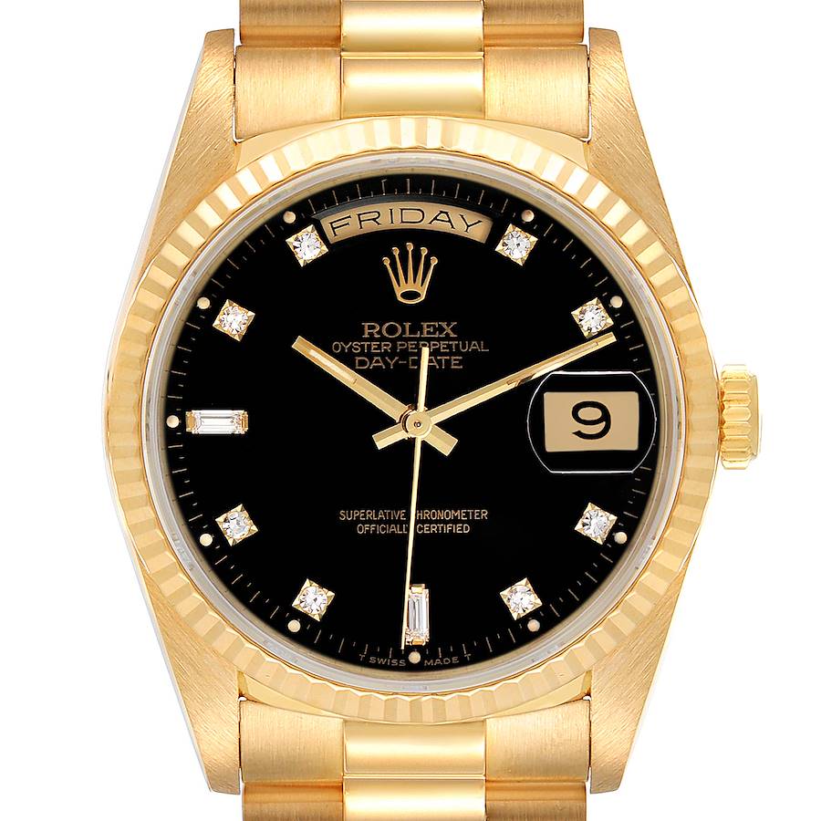 Rolex President Day-Date Yellow Gold Black Diamond Dial Mens Watch 18238 SwissWatchExpo