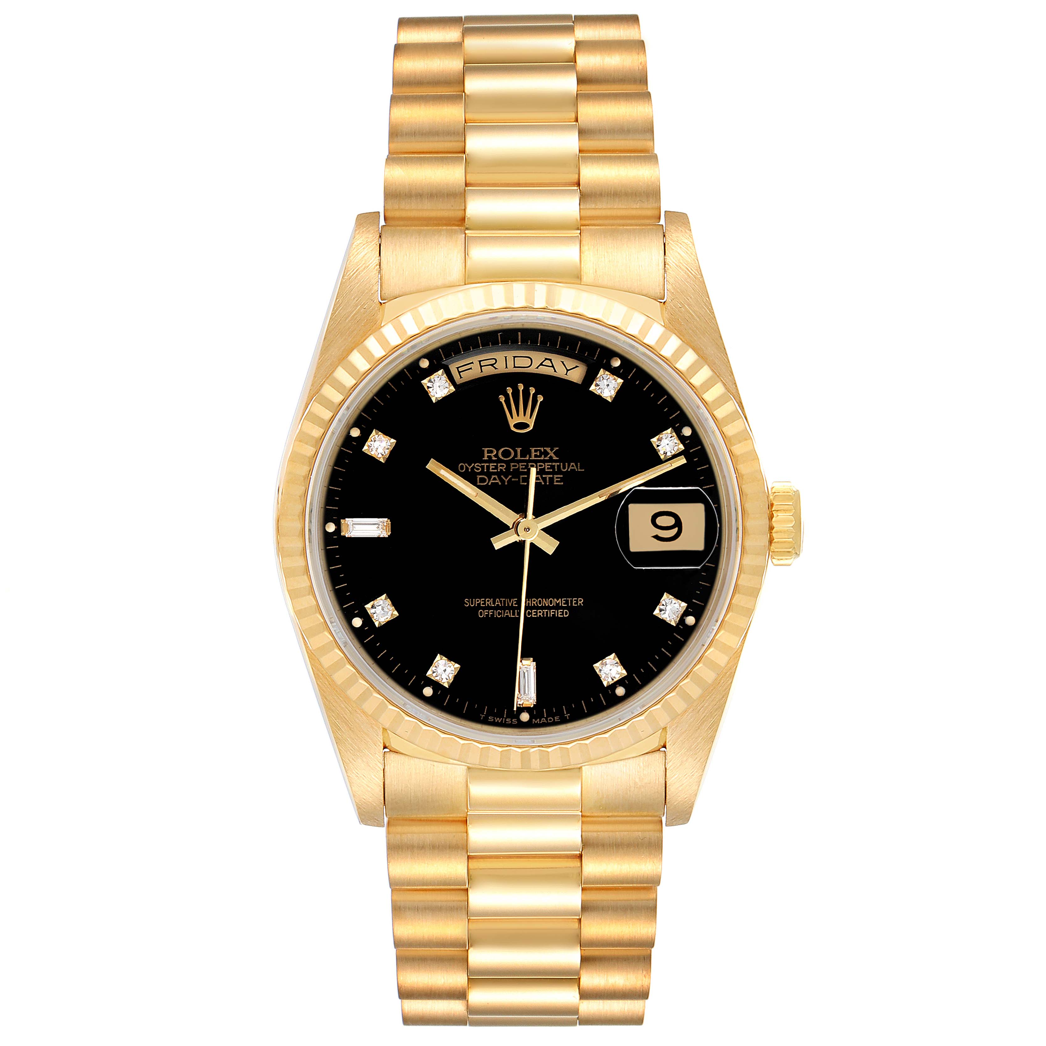 The image shows a front view of the Rolex President 18238 Men's Yellow Gold Black Dial 18238 Men's Yellow Gold Black Dial model watch, highlighting the black dial, day-date display, and gold bracelet.