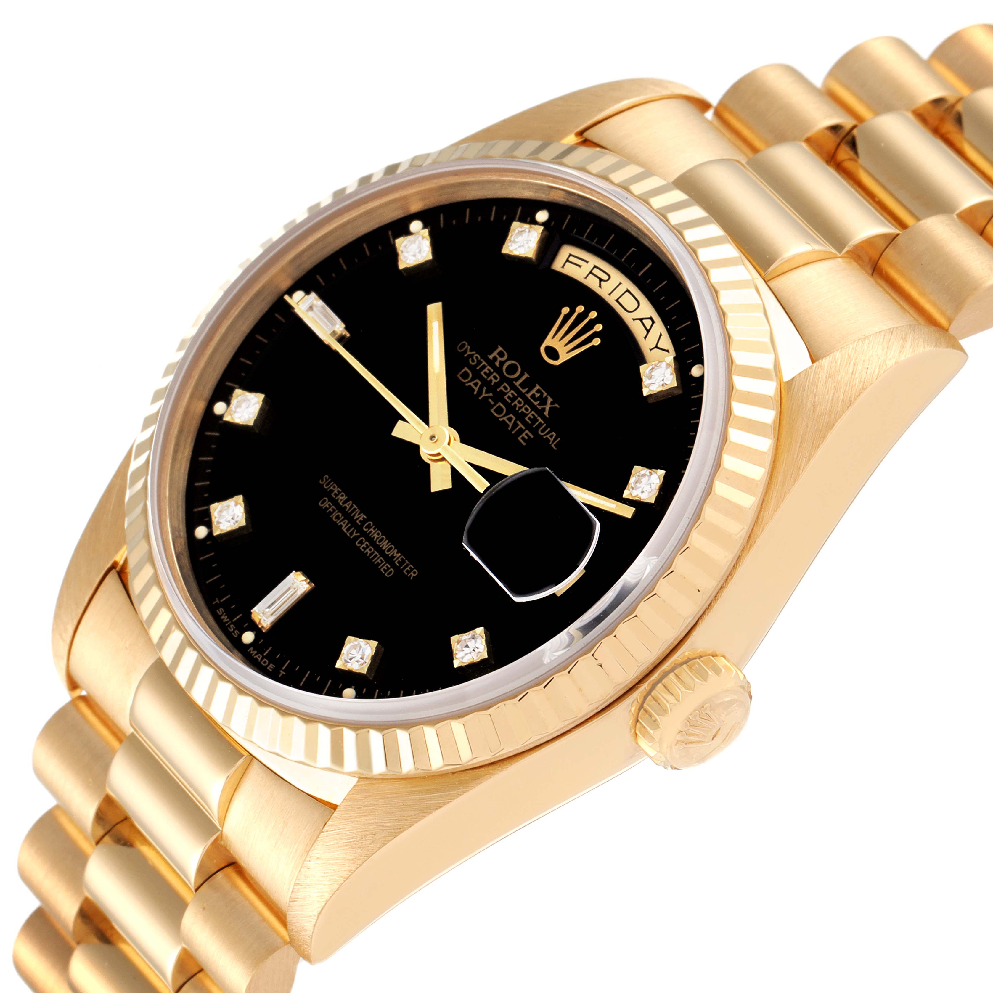 The image shows a close-up of the Rolex President 18238 Men's Yellow Gold Black Dial 18238 Men's Yellow Gold Black Dial model, highlighting the gold case, black dial, and part of the bracelet.