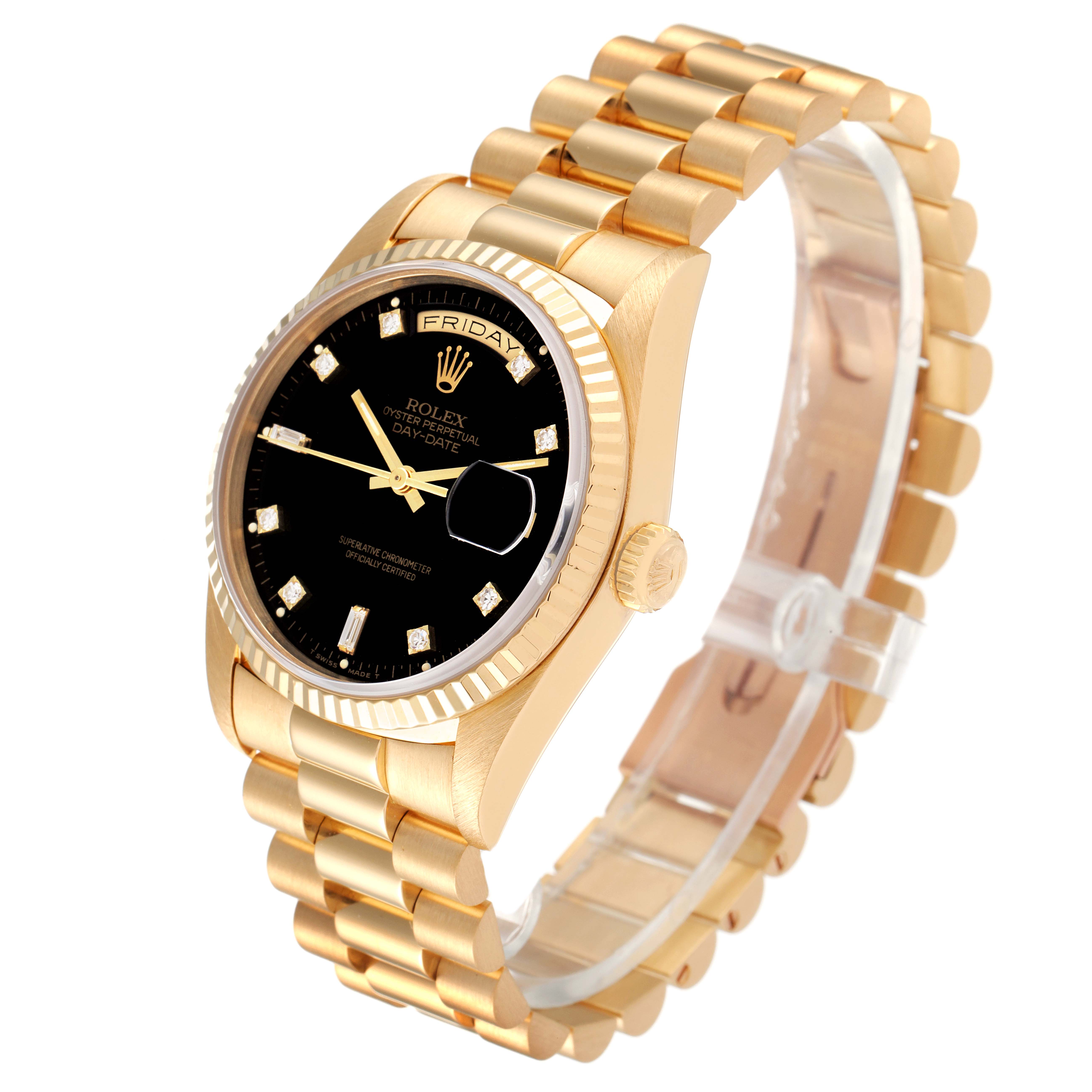 The image shows the Rolex President 18238 Men's Yellow Gold Black Dial 18238 Men's Yellow Gold Black Dial model watch angled to display its face, crown, bezel, and gold link bracelet.