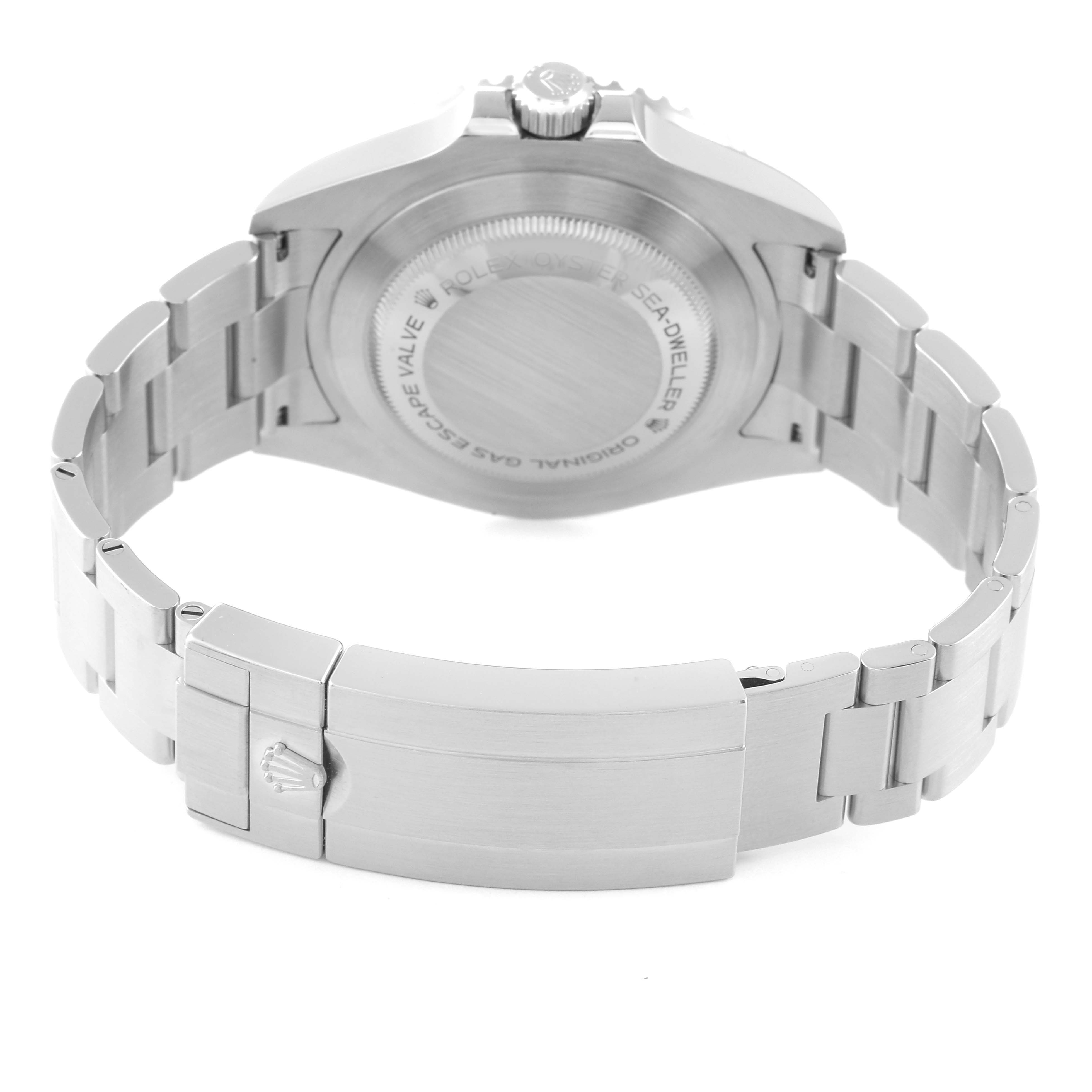 The Rolex Sea-Dweller 126600 Men's Stainless Steel Black Dial 126600 Men's Stainless Steel Black Dial watch is shown from the back, highlighting the clasp and case back.