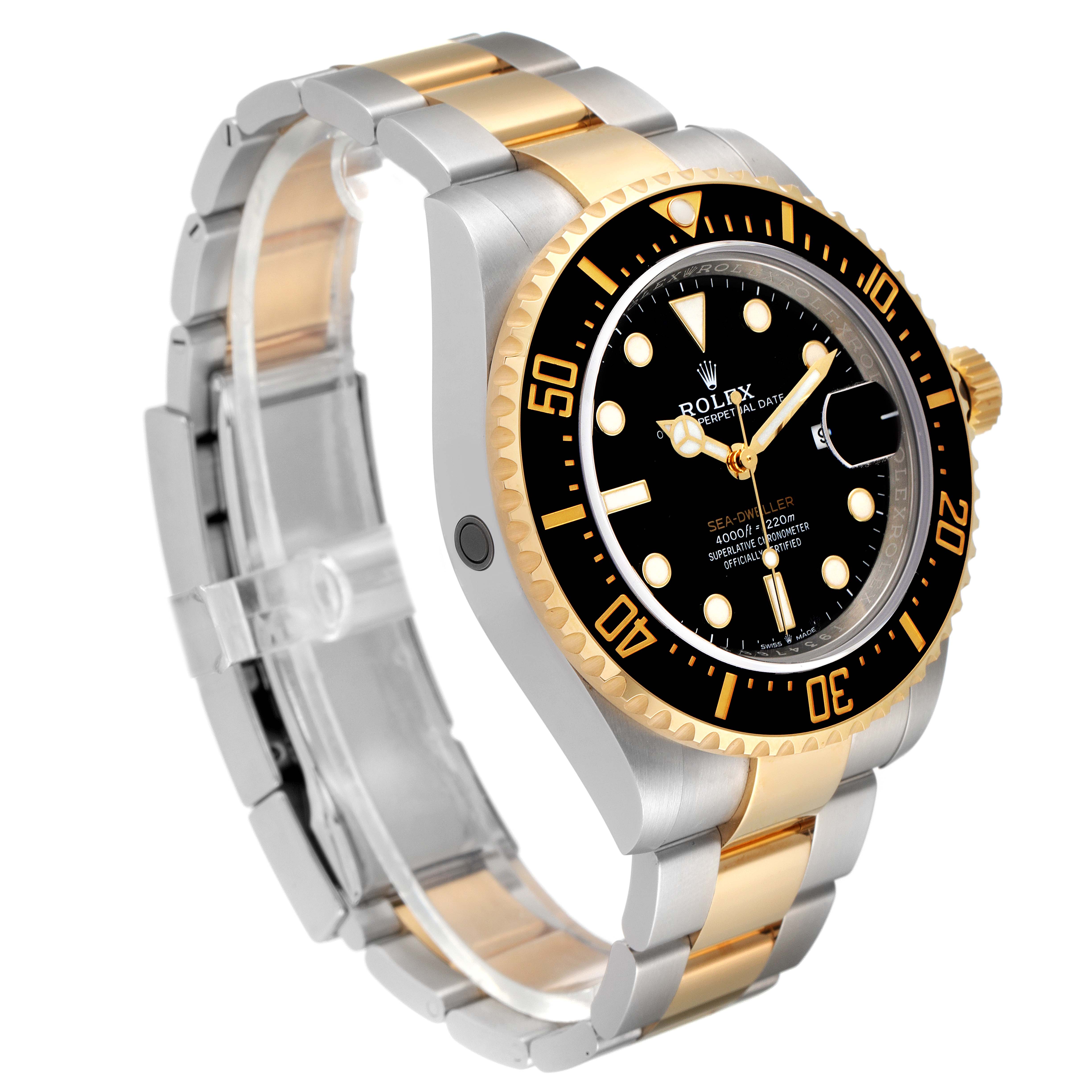 The Rolex Sea-Dweller 126603 Men's Steel and Gold (two tone) Black Dial 126603 Men's Steel and Gold (two tone) Black Dial watch is shown at a three-quarter angle, displaying the bezel, dial, crown, and bracelet.