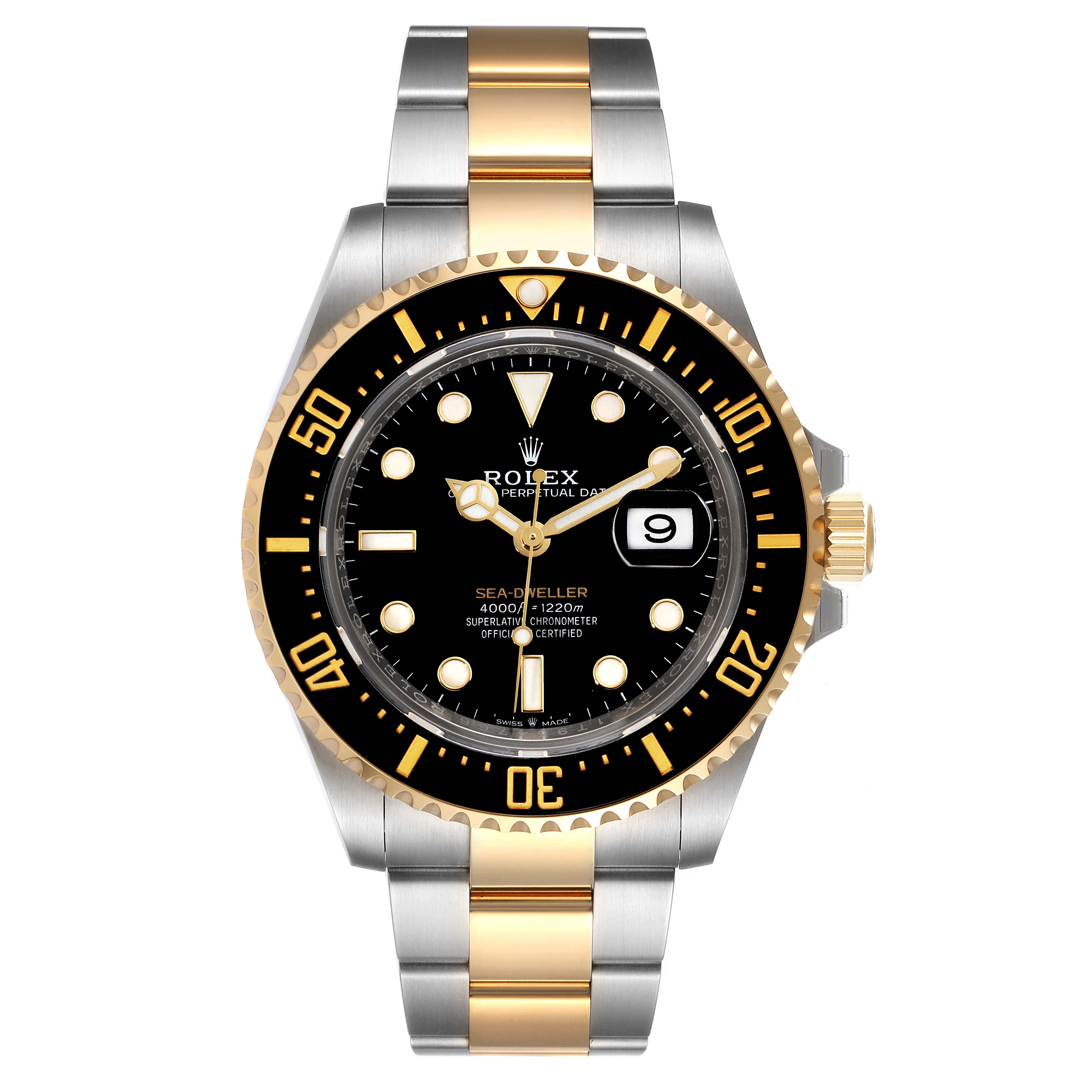 The image shows a front view of a Rolex Sea-Dweller 126603 Men's Steel and Gold (two tone) Black Dial 126603 Men's Steel and Gold (two tone) Black Dial watch, highlighting its black dial, gold bezel, and two-tone bracelet.