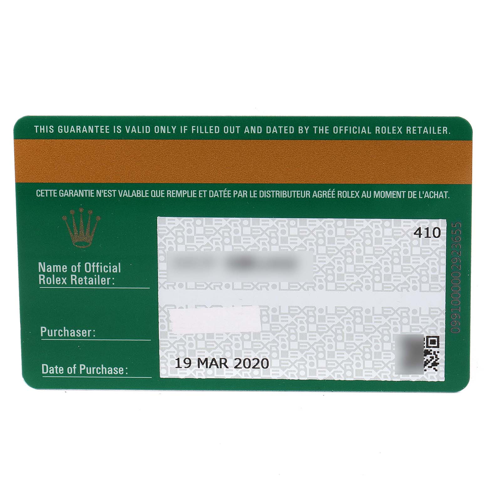 This image shows the official warranty card for the Rolex Sea-Dweller 126603 Men's Steel and Gold (two tone) Black Dial 126603 Men's Steel and Gold (two tone) Black Dial watch, including purchase information and retailer details.
