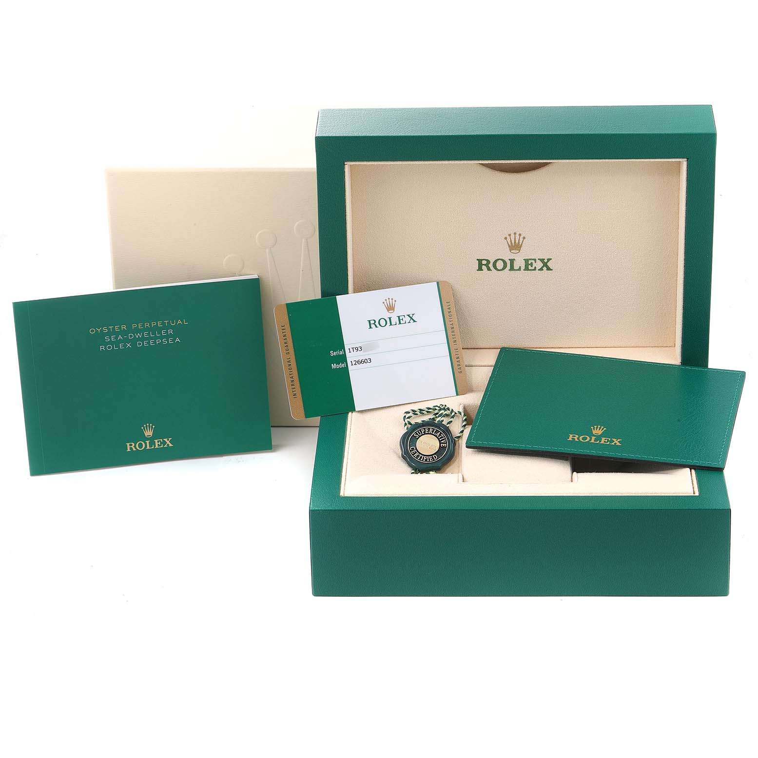 The image shows the box, warranty card, booklet, and tag of the Rolex Sea-Dweller 126603 Men's Steel and Gold (two tone) Black Dial 126603 Men's Steel and Gold (two tone) Black Dial model from a front angle.