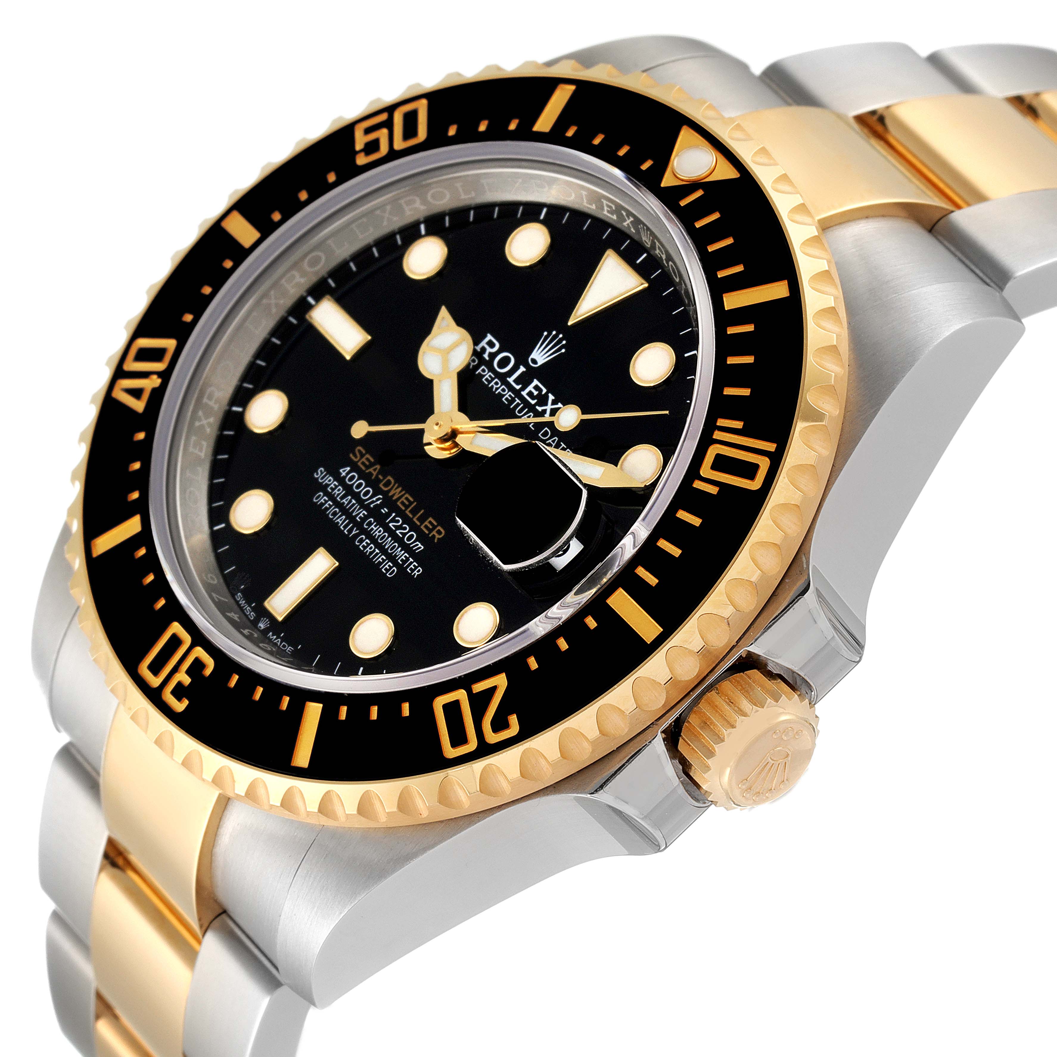 The image shows a close-up, angled view of the Rolex Sea-Dweller 126603 Men's Steel and Gold (two tone) Black Dial 126603 Men's Steel and Gold (two tone) Black Dial watch, highlighting its bezel, dial, crown, and bracelet.