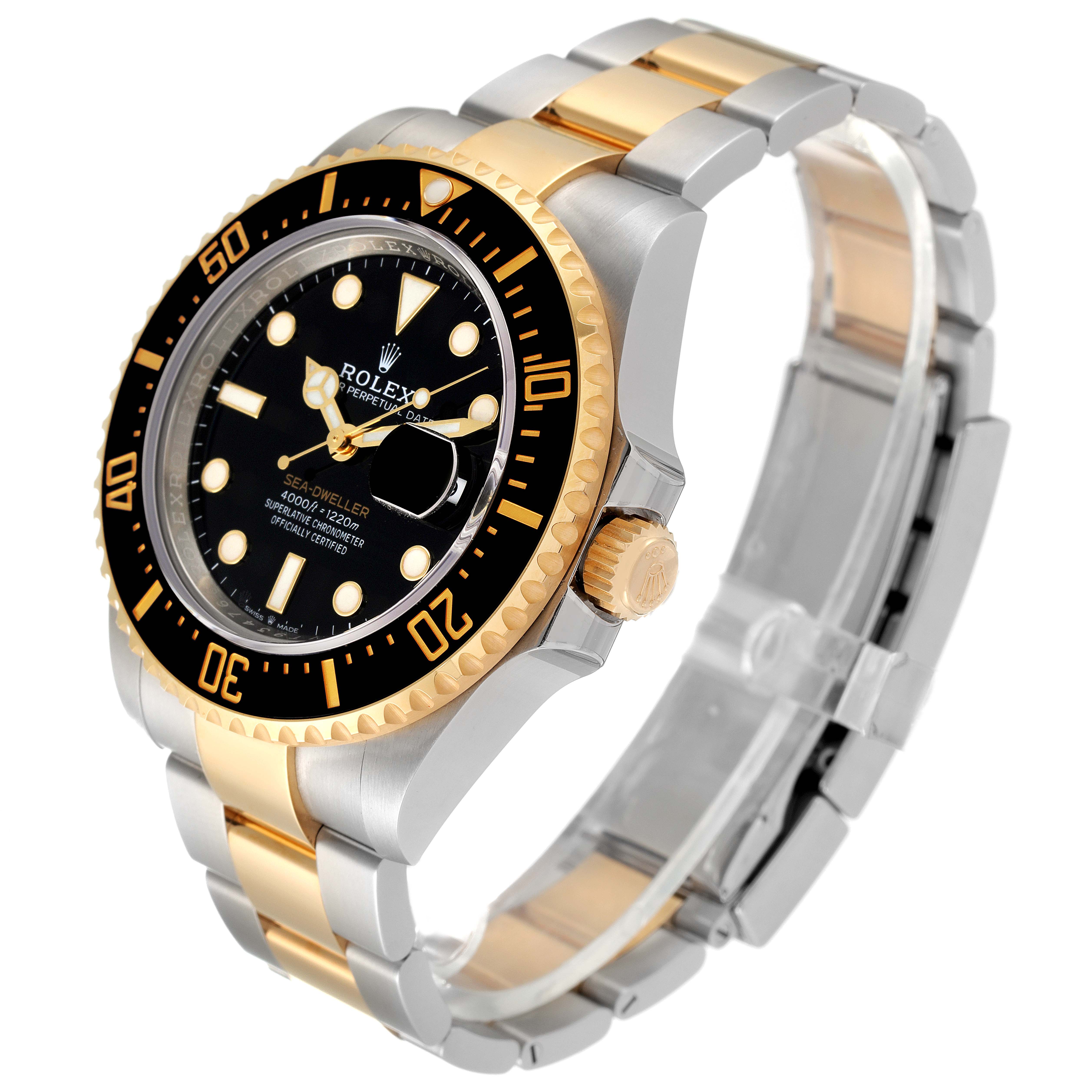 The Rolex Sea-Dweller 126603 Men's Steel and Gold (two tone) Black Dial 126603 Men's Steel and Gold (two tone) Black Dial watch is shown at a three-quarter angle, highlighting the black dial, gold accents, bezel, and two-tone bracelet.