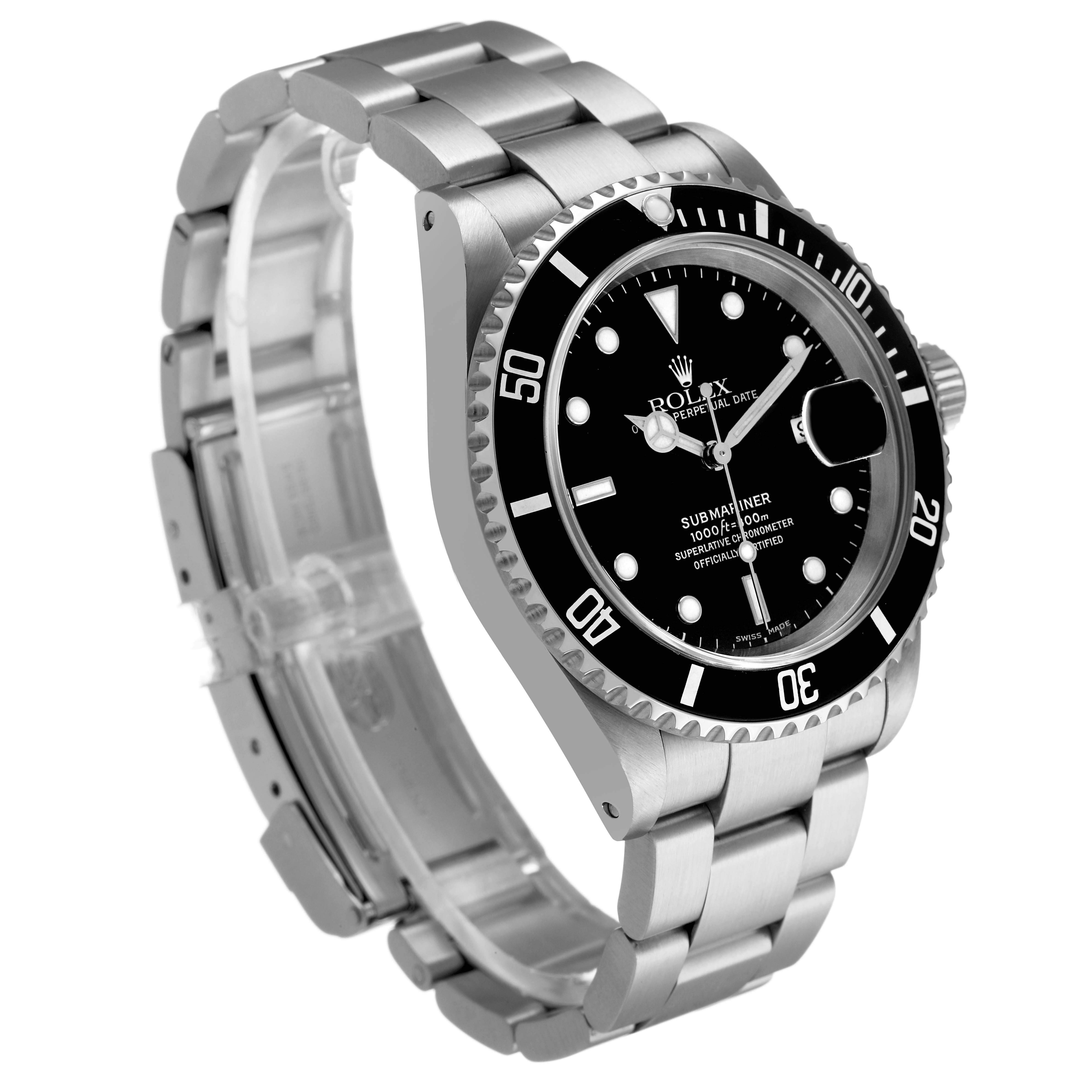 The Rolex Submariner 16610 Men's Stainless Steel Black Dial watch is shown at a slight angle, highlighting the bezel, dial, and bracelet.