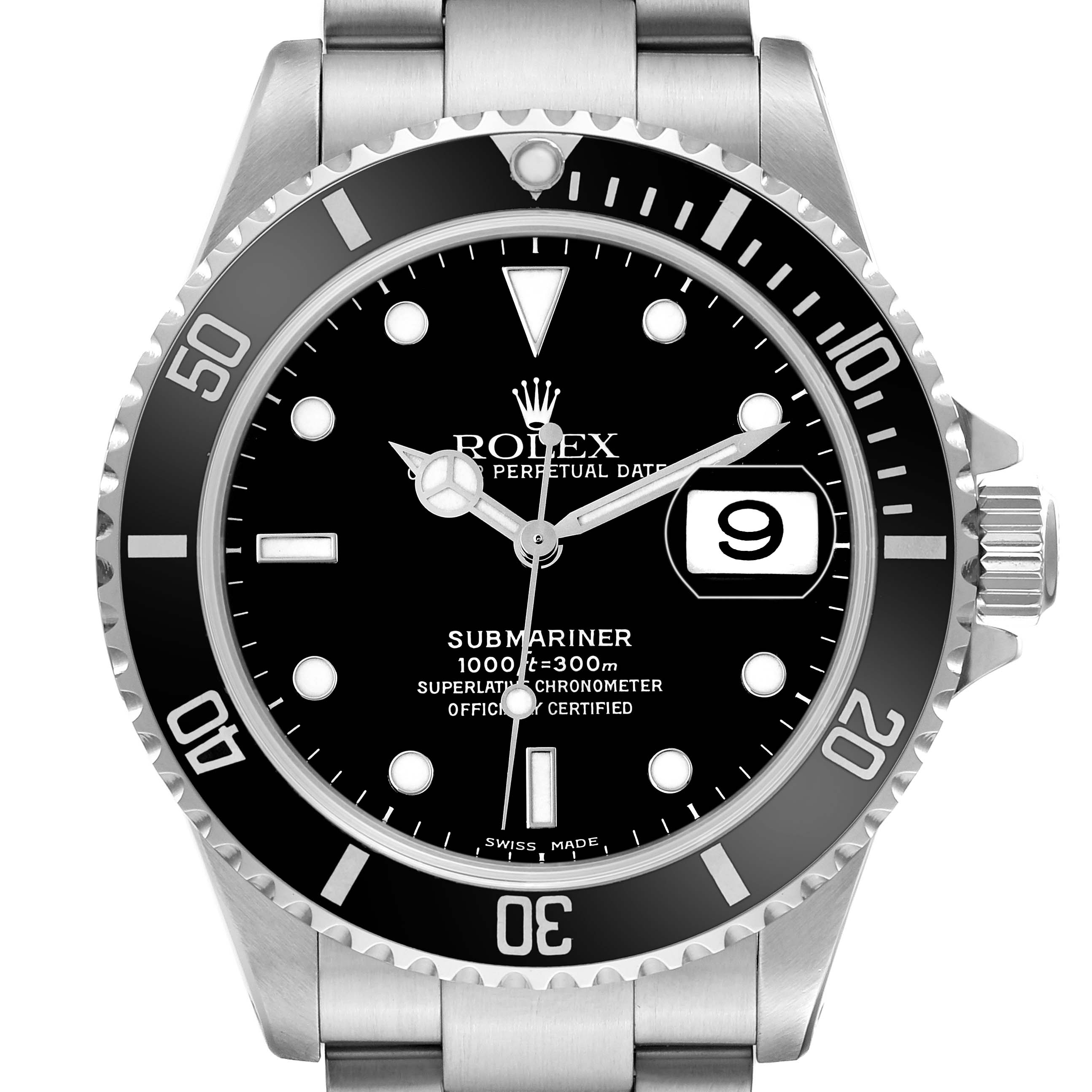 This image shows a frontal view of the Rolex Submariner 16610 Men's Stainless Steel Black Dial, highlighting the dial, bezel, and date window.