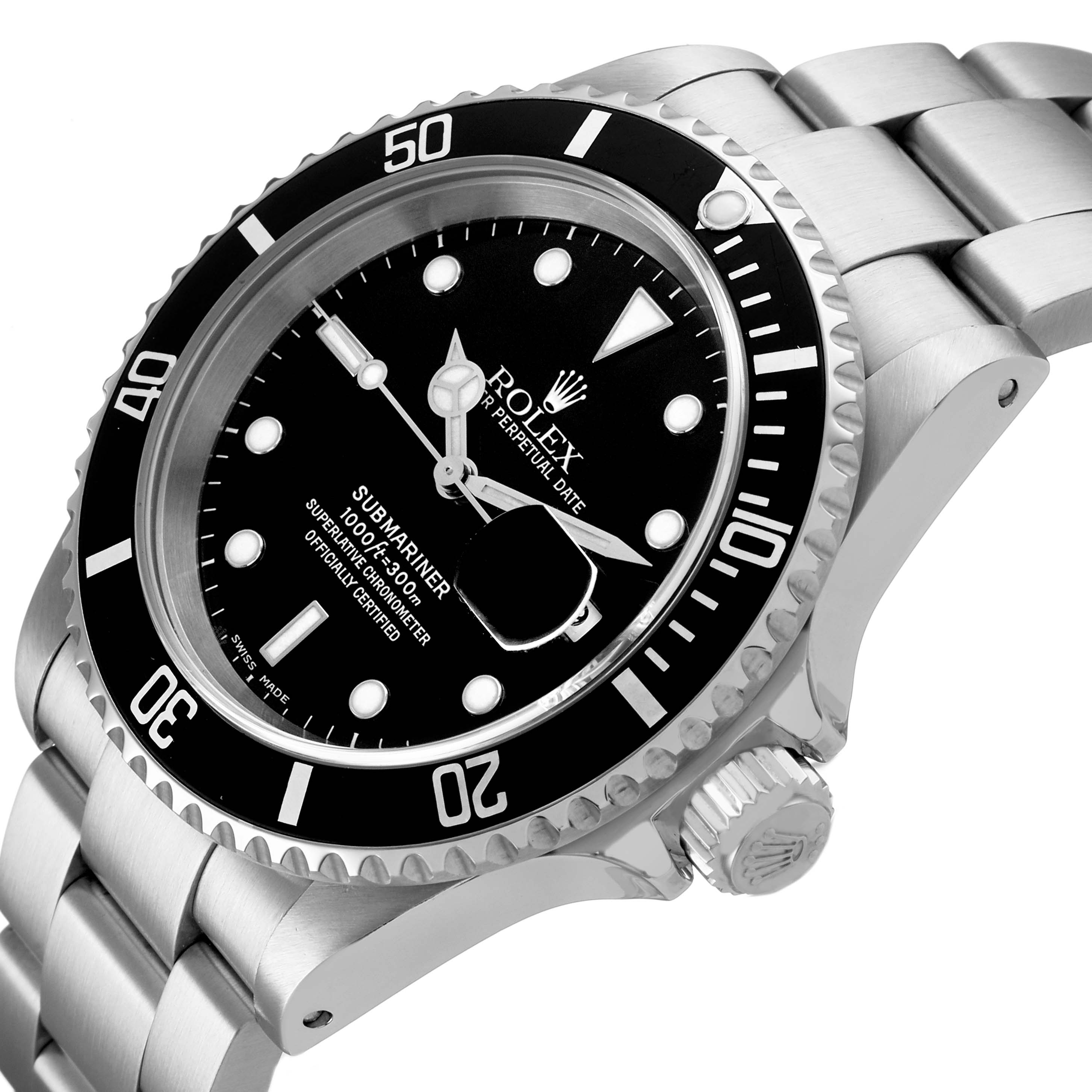 The image shows a Rolex Submariner 16610 Men's Stainless Steel Black Dial from a side angle, highlighting the bezel, dial, crown, and part of the bracelet.