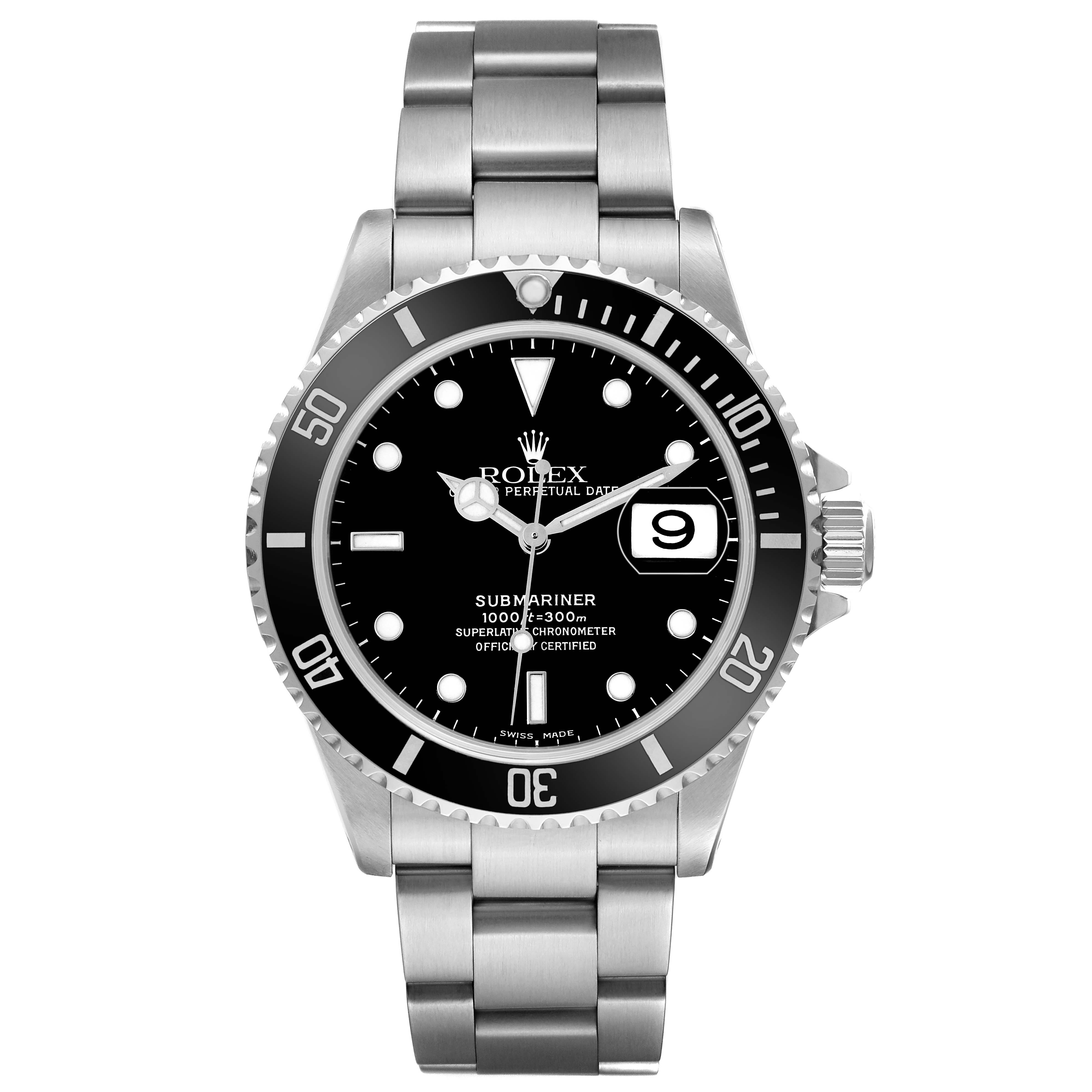 The Rolex Submariner 16610 Men's Stainless Steel Black Dial watch is shown from the front, displaying the dial, bezel, and bracelet.