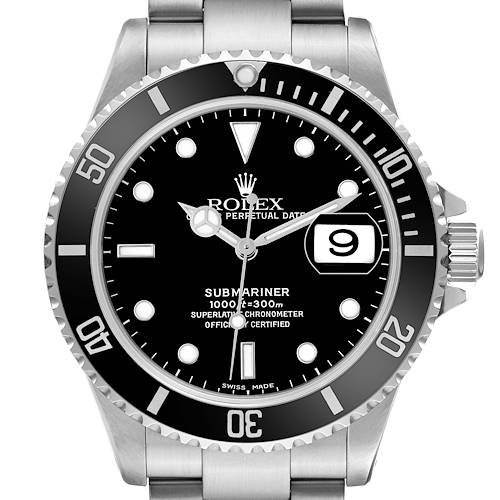 The Rolex Submariner 16610 Men's Stainless Steel Black Dial is shown from a front angle, highlighting its dial, bezel, crown, and bracelet.