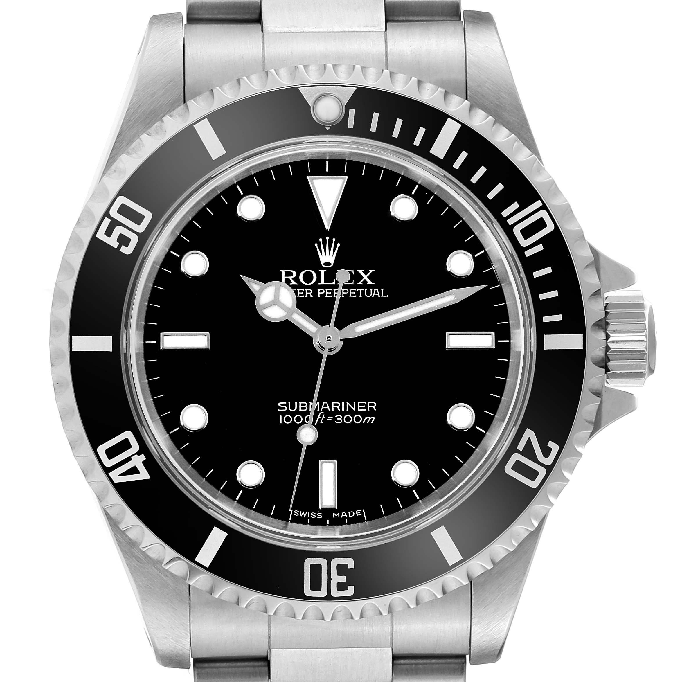 This image shows a front view of the Rolex Submariner 14060 Men
s Stainless Steel Black Dial 14060 Men
s Stainless Steel Black Dial watch, highlighting its dial, bezel, and crown.