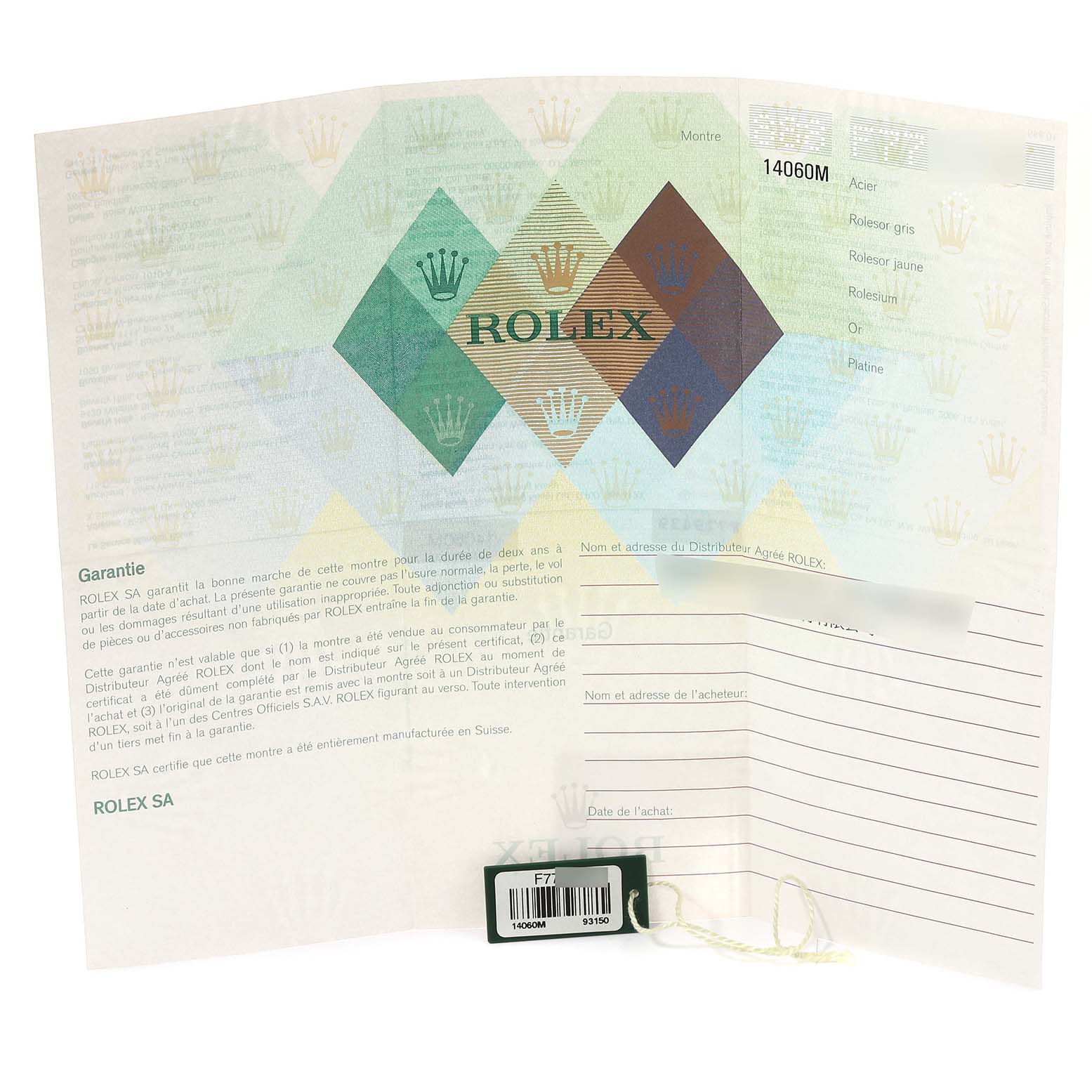 This image shows the warranty card and hangtag for the Rolex Submariner 14060 Men
s Stainless Steel Black Dial 14060 Men
s Stainless Steel Black Dial watch model 14060M.