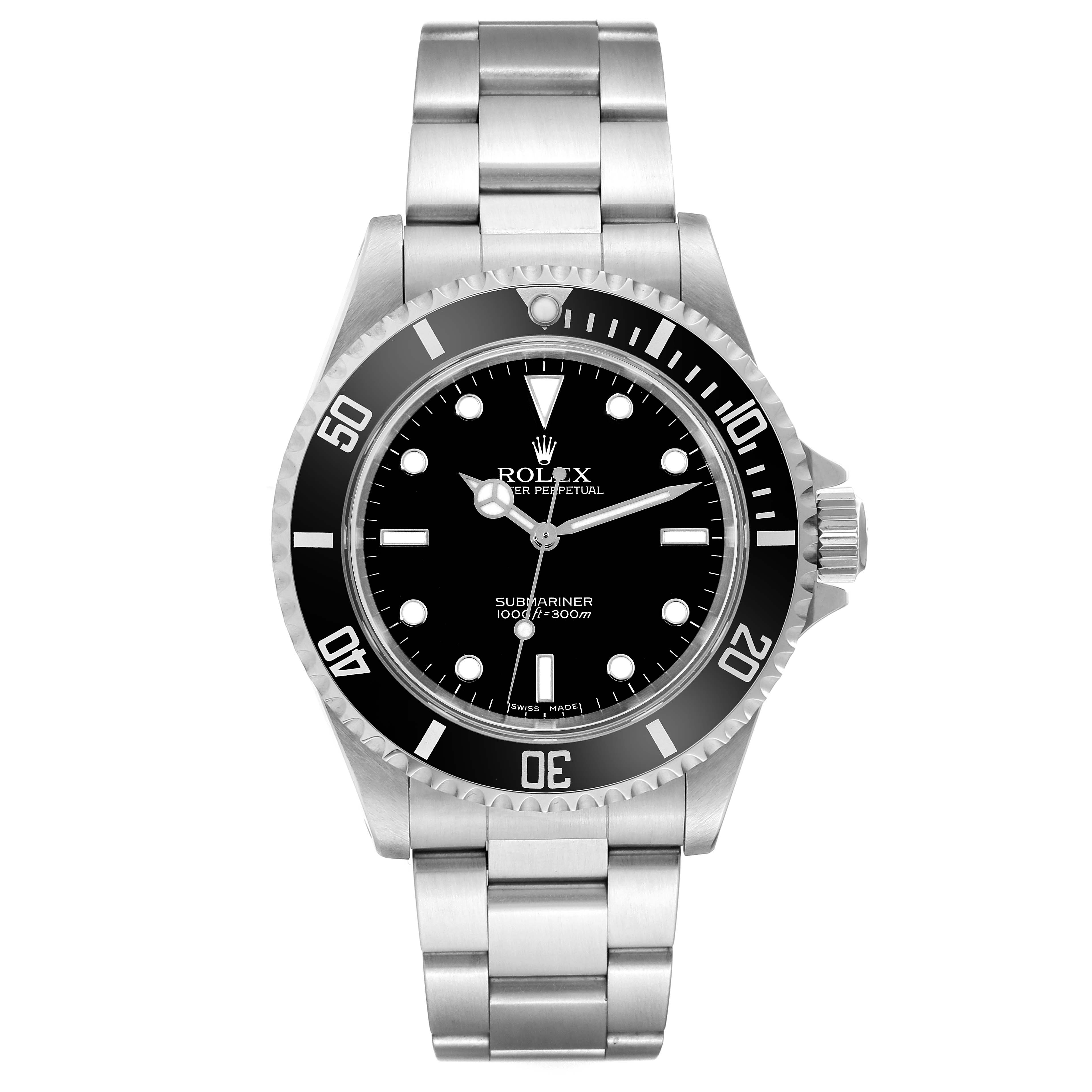 The image shows a front view of the Rolex Submariner 14060 Men
s Stainless Steel Black Dial 14060 Men
s Stainless Steel Black Dial with its black dial, rotating bezel, and stainless steel bracelet.