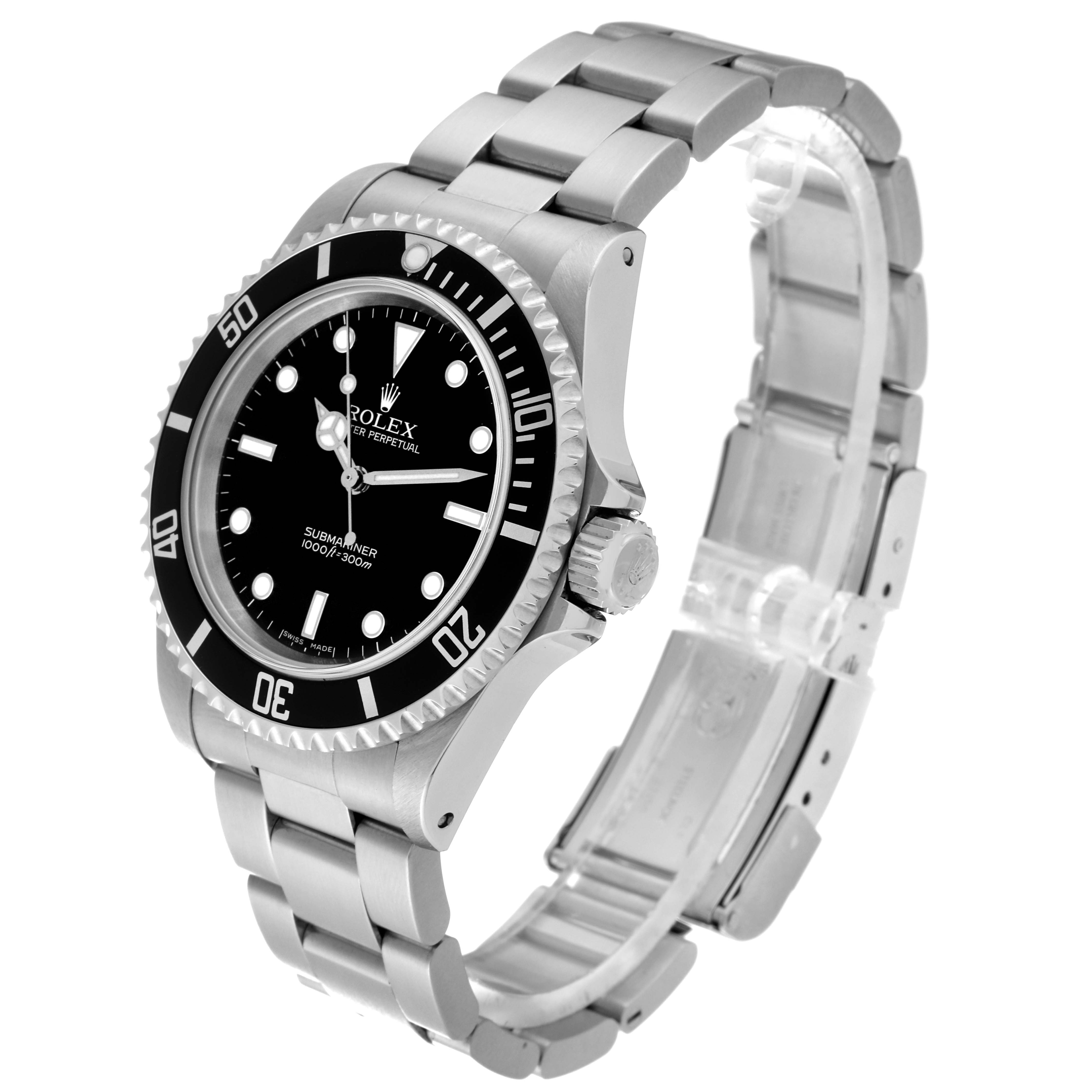 The image shows a side angle of a Rolex Submariner 14060 Men
s Stainless Steel Black Dial 14060 Men
s Stainless Steel Black Dial watch, highlighting its face, bezel, case, and bracelet.