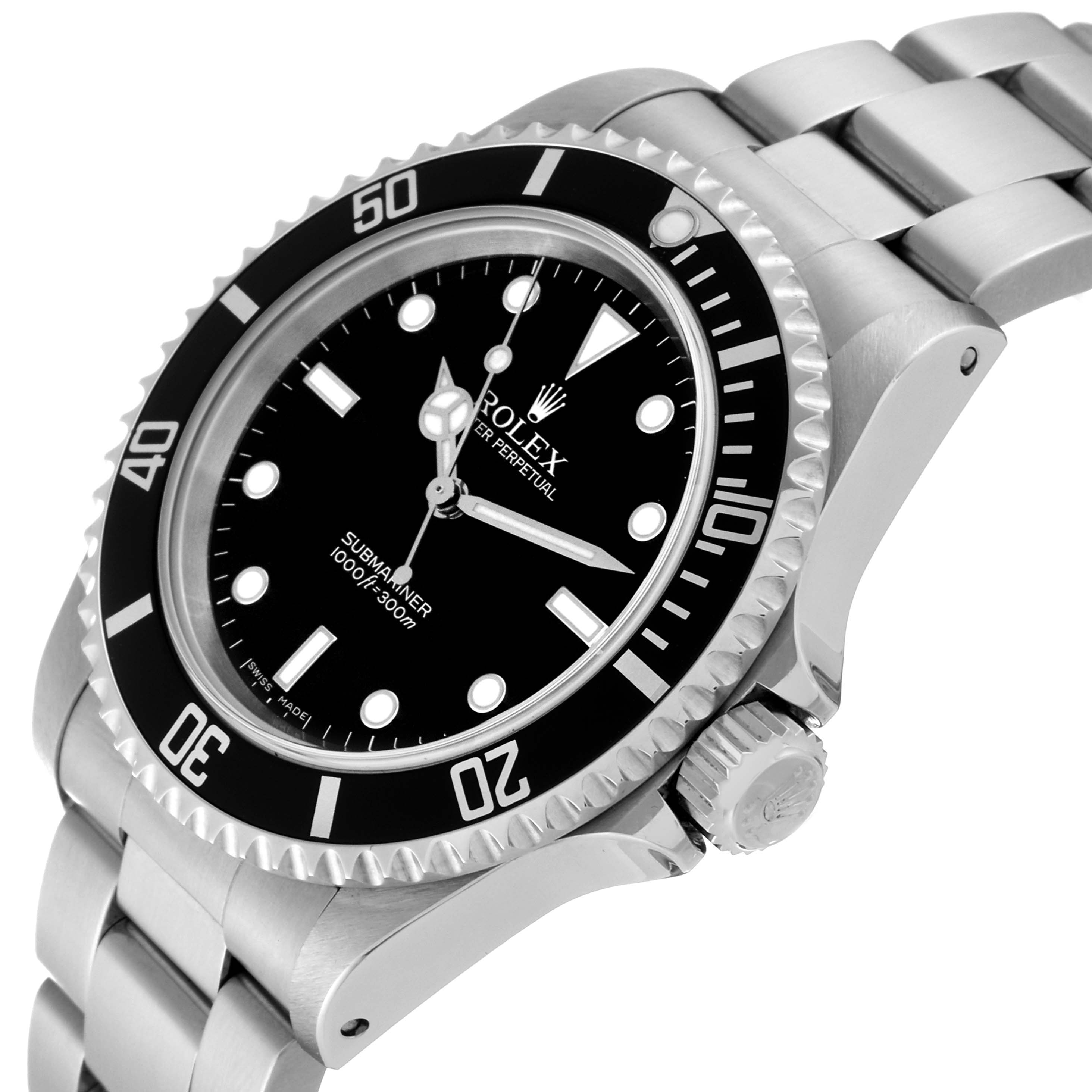 The image shows a Rolex Submariner 14060 Men
s Stainless Steel Black Dial 14060 Men
s Stainless Steel Black Dial watch angled to display the face, bezel, crown, and part of the bracelet.