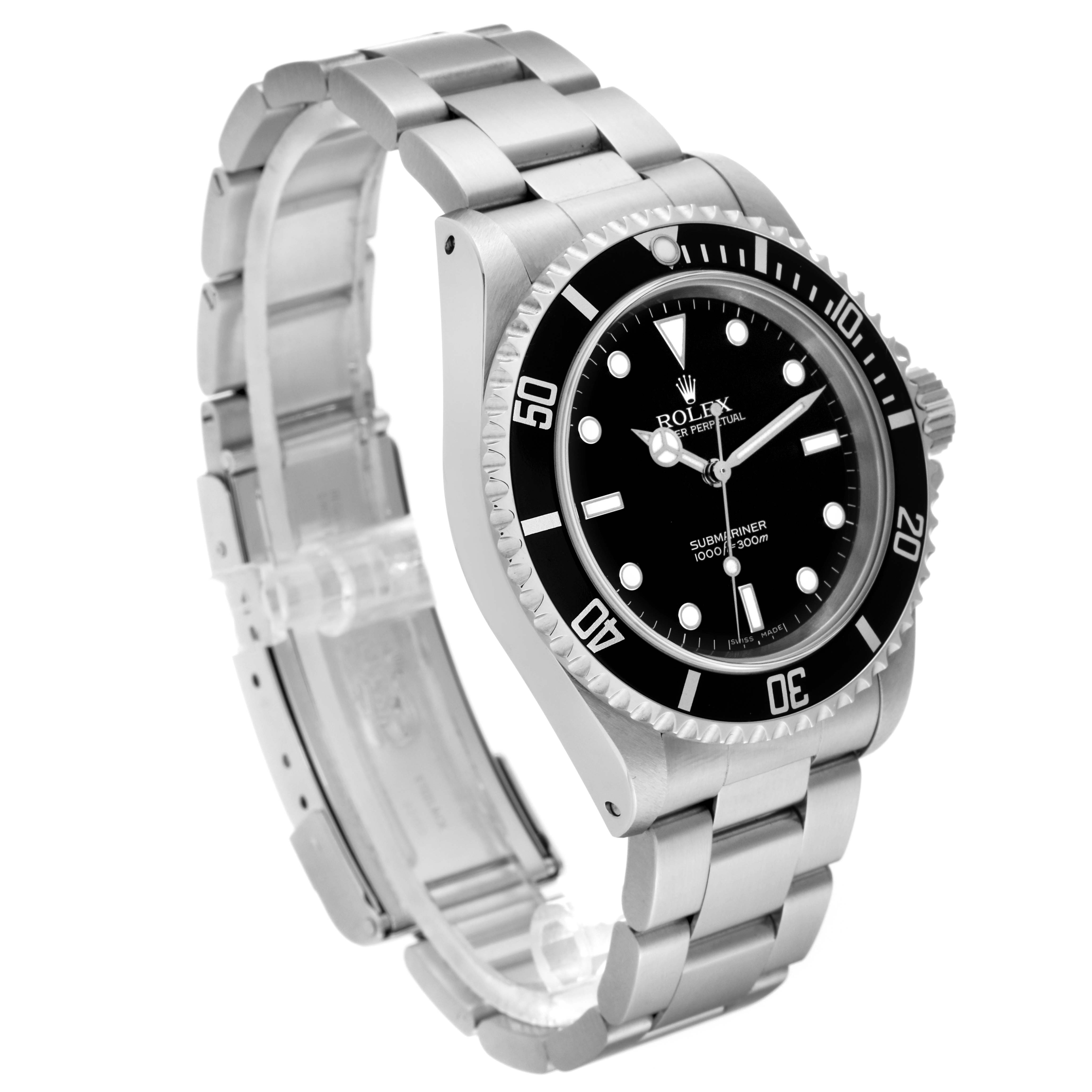 The image shows a Rolex Submariner 14060 Men
s Stainless Steel Black Dial 14060 Men
s Stainless Steel Black Dial watch at a three-quarter angle, highlighting the bracelet, bezel, and face.