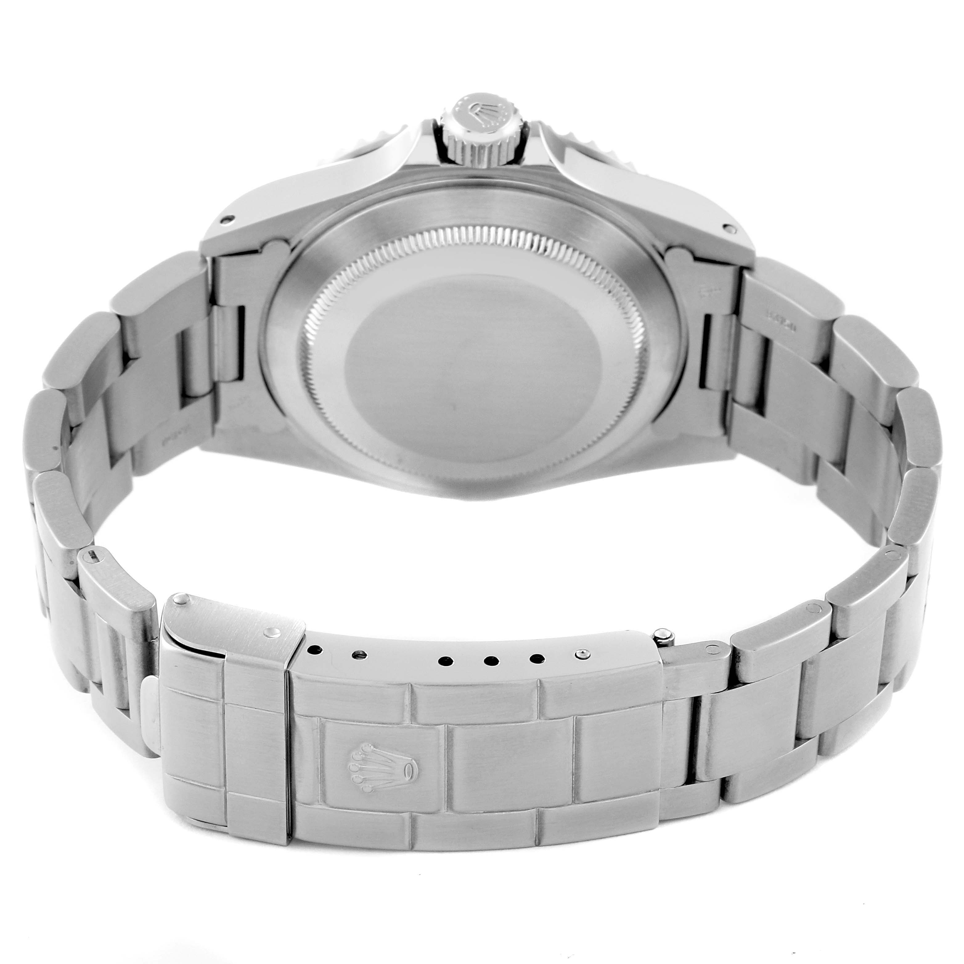 The image shows the back side and bracelet of a Rolex Submariner 14060 Men
s Stainless Steel Black Dial 14060 Men
s Stainless Steel Black Dial watch, highlighting the case back and clasp.