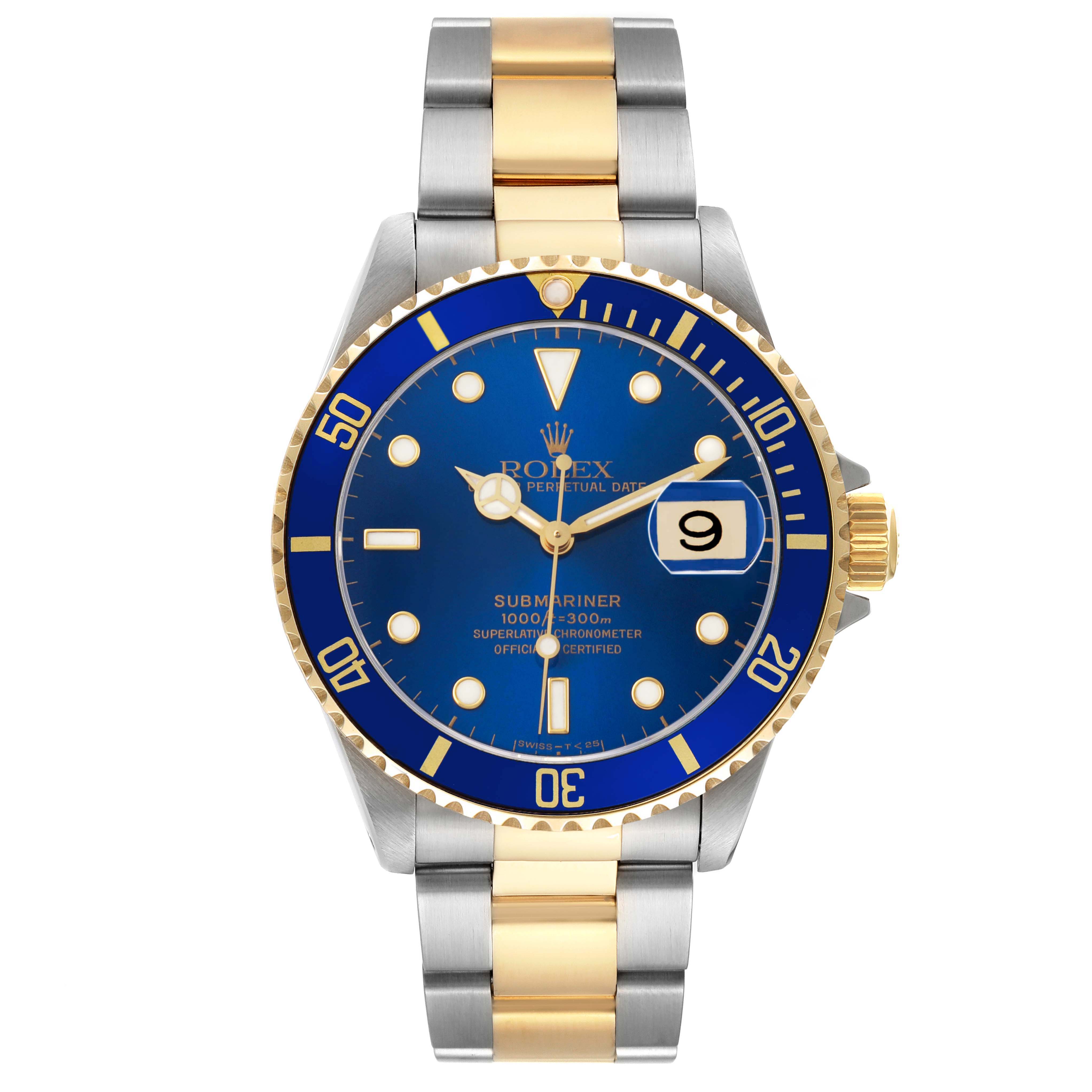 The Rolex Submariner 16613 Men's Steel and Gold (two tone) Blue Dial watch is shown from a front angle, highlighting its blue dial, bezel, and two-tone bracelet.