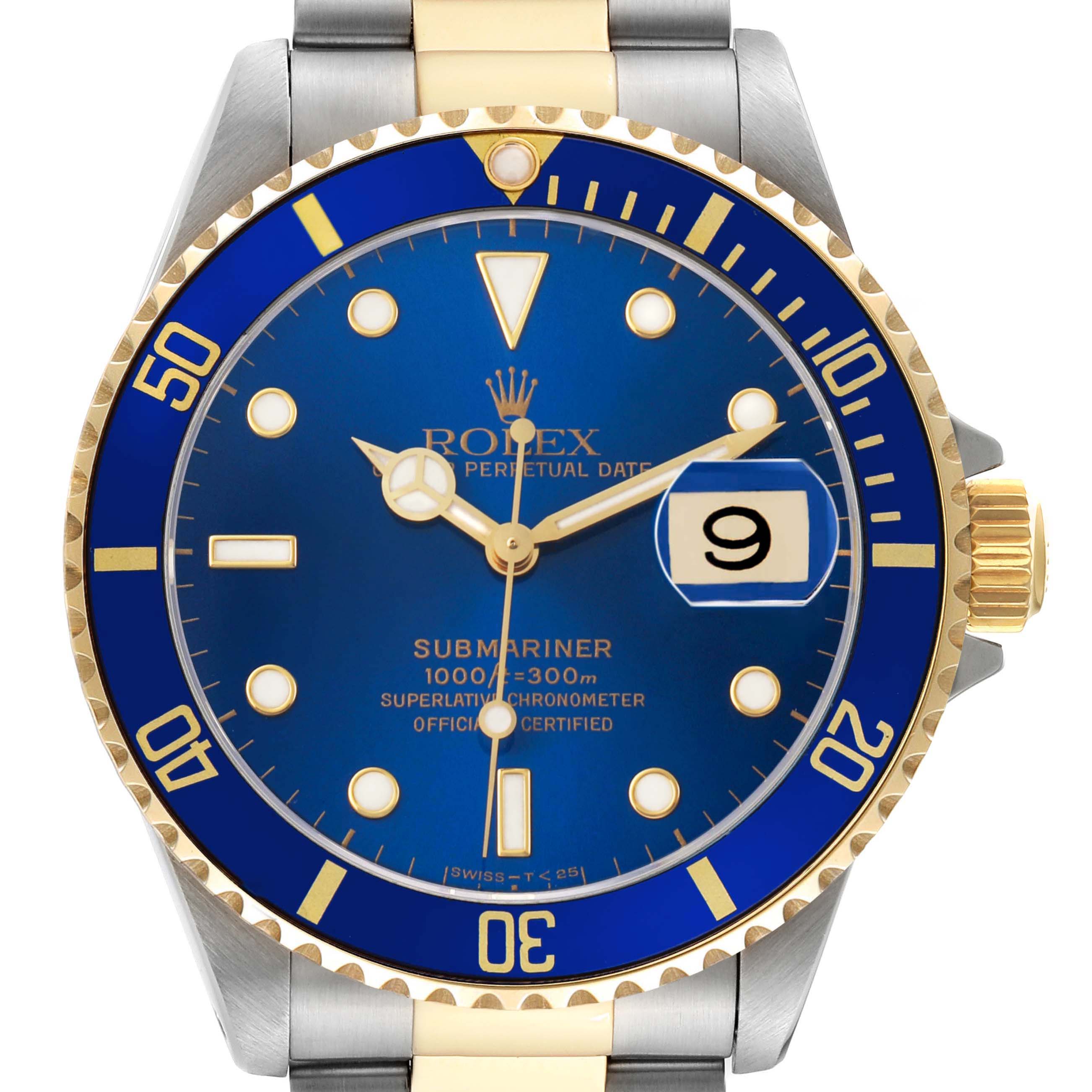 The Rolex Submariner 16613 Men's Steel and Gold (two tone) Blue Dial watch is shown from the front, featuring its blue dial, two-tone bezel, and metallic bracelet.