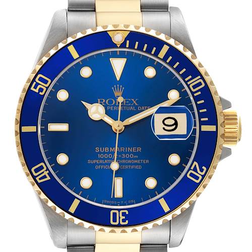 The image shows a Rolex Submariner 16613 Men's Steel and Gold (two tone) Blue Dial watch from a front angle, highlighting its blue dial, gold bezel, and two-tone strap.