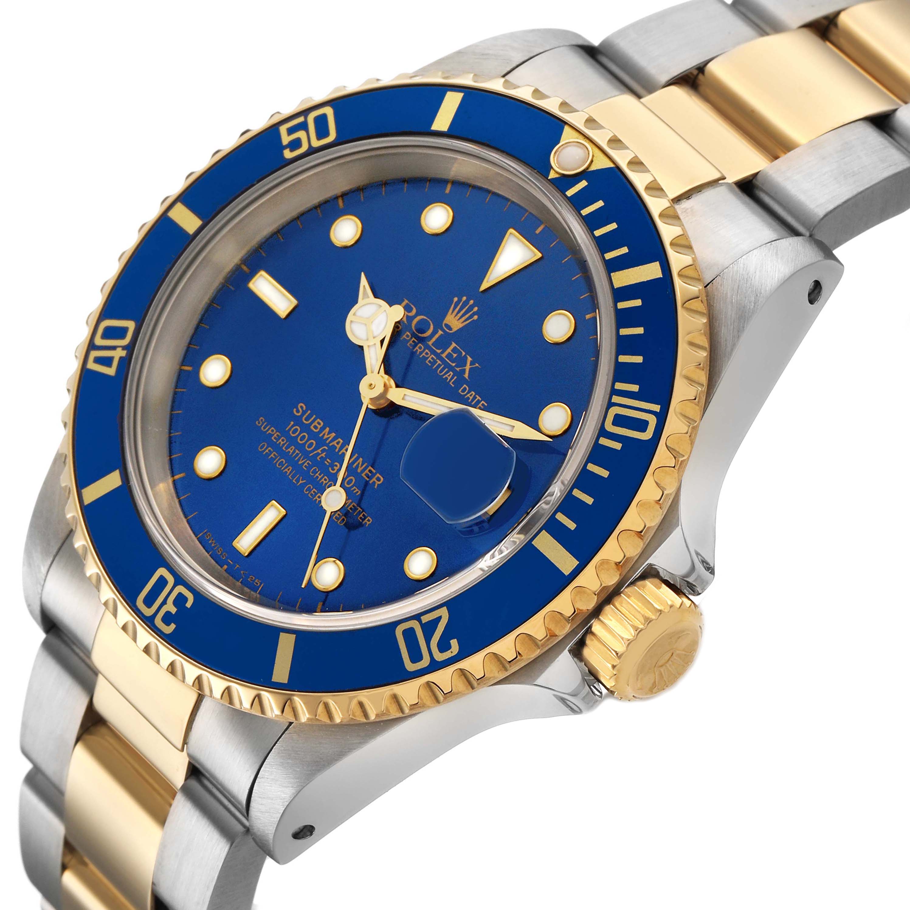 The Rolex Submariner 16613 Men's Steel and Gold (two tone) Blue Dial watch is shown at an angle highlighting its blue dial, bezel, and two-tone bracelet.
