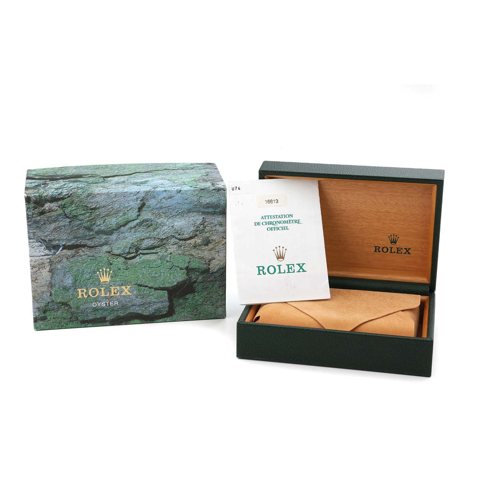 The image shows a Rolex Submariner 16613 Men's Steel and Gold (two tone) Blue Dial watch box, outer box, certificate booklet, and leather pouch, viewed from the front.