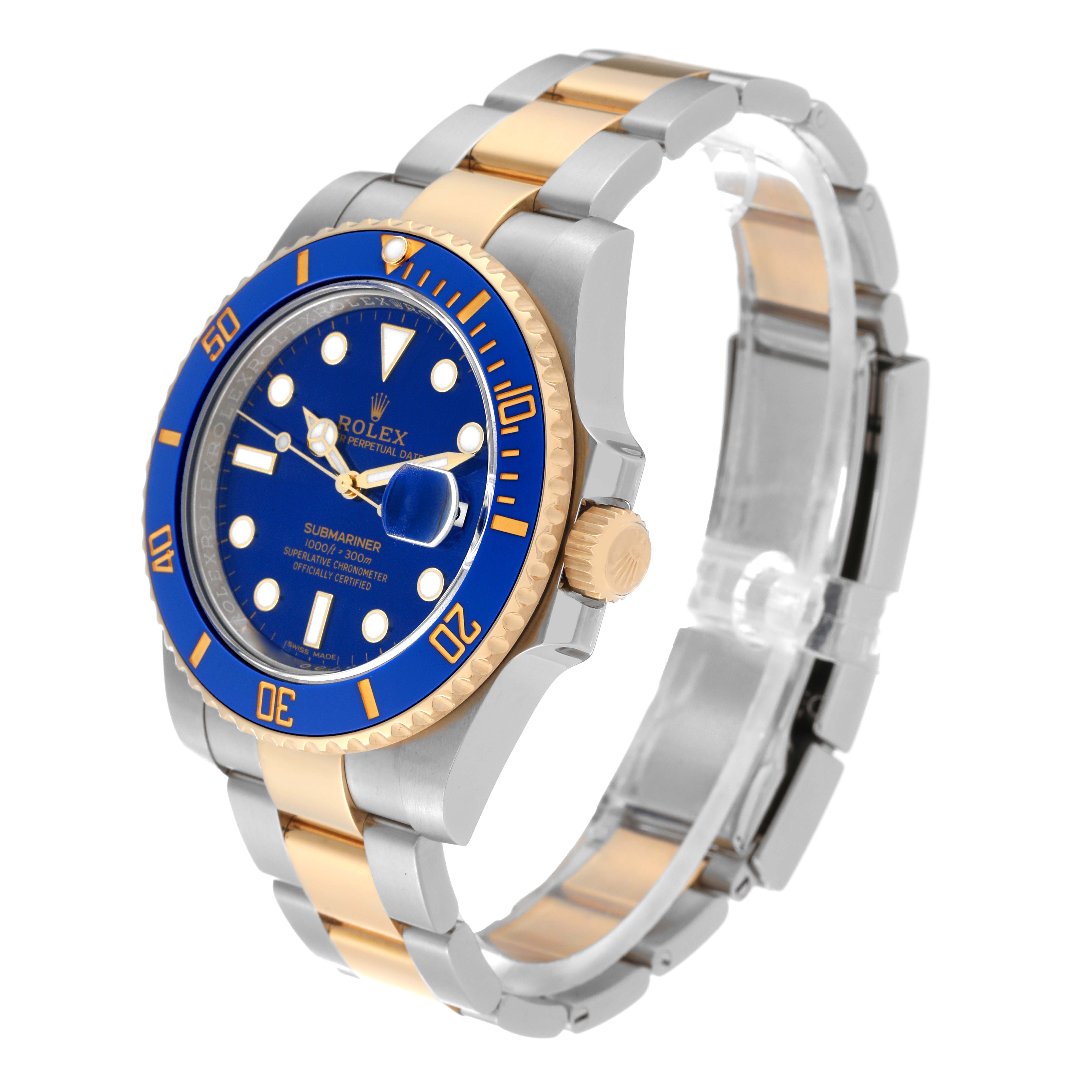 This image shows a Rolex Submariner 116613LB Men's Steel and Gold (two tone) Blue Dial 116613LB Men's Steel and Gold (two tone) Blue Dial watch from an angled side view, highlighting its blue dial, gold bezel, and two-tone bracelet.