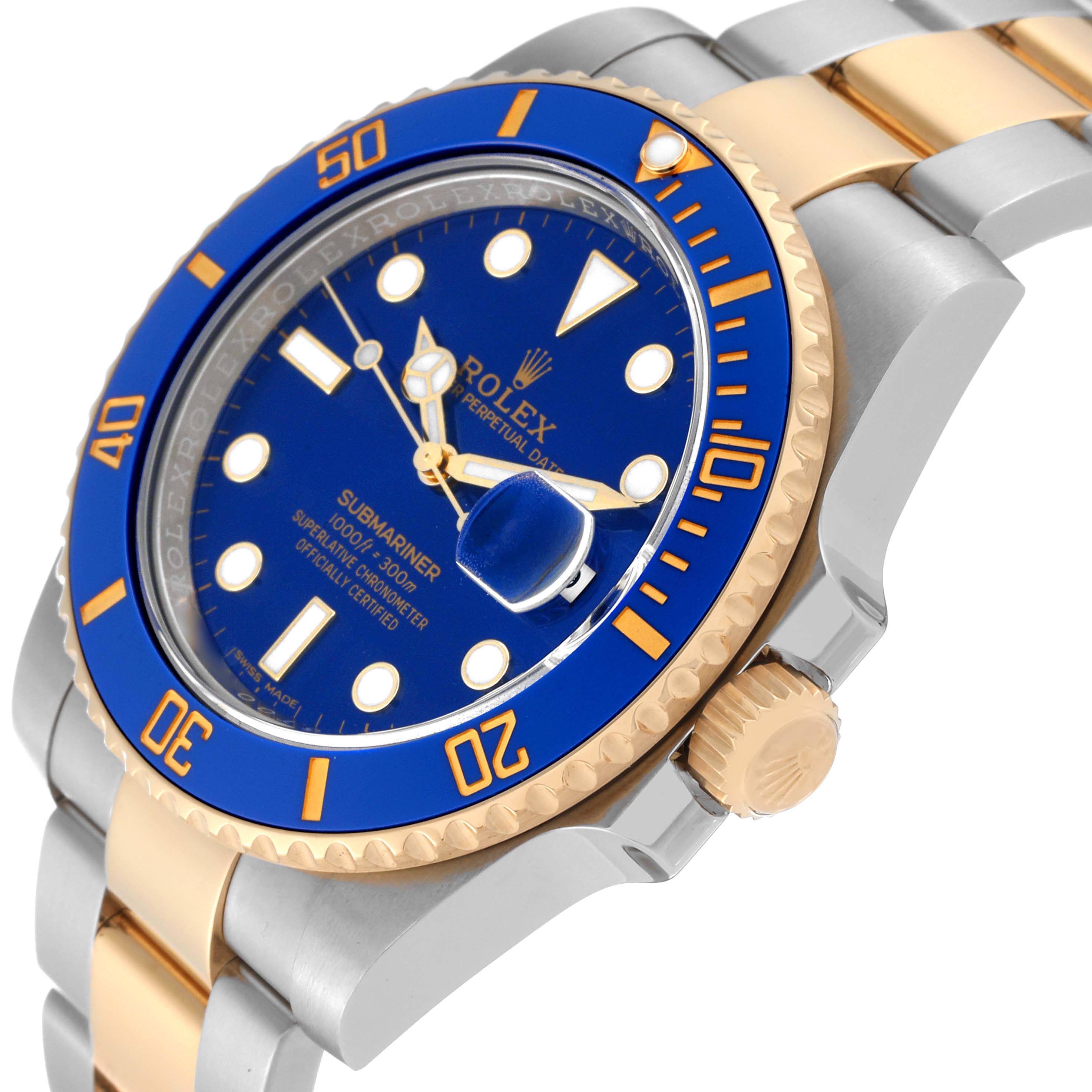 This image shows a close-up, angled view of the Rolex Submariner 116613LB Men's Steel and Gold (two tone) Blue Dial 116613LB Men's Steel and Gold (two tone) Blue Dial, highlighting its blue dial, bezel, and two-tone bracelet.