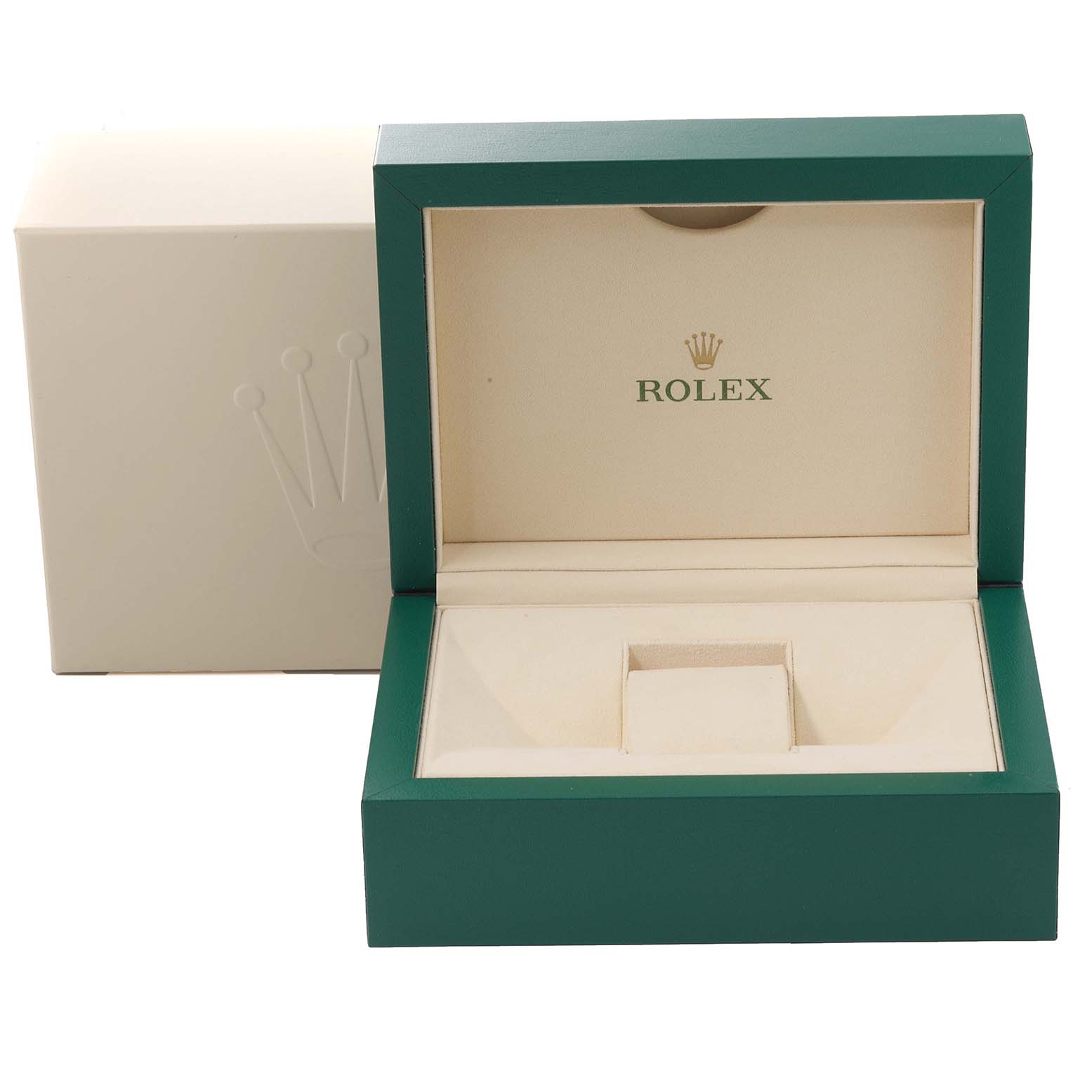 The image shows an open green Rolex Submariner 116613LB Men's Steel and Gold (two tone) Blue Dial 116613LB Men's Steel and Gold (two tone) Blue Dial watch box with the outer cardboard sleeve behind it.