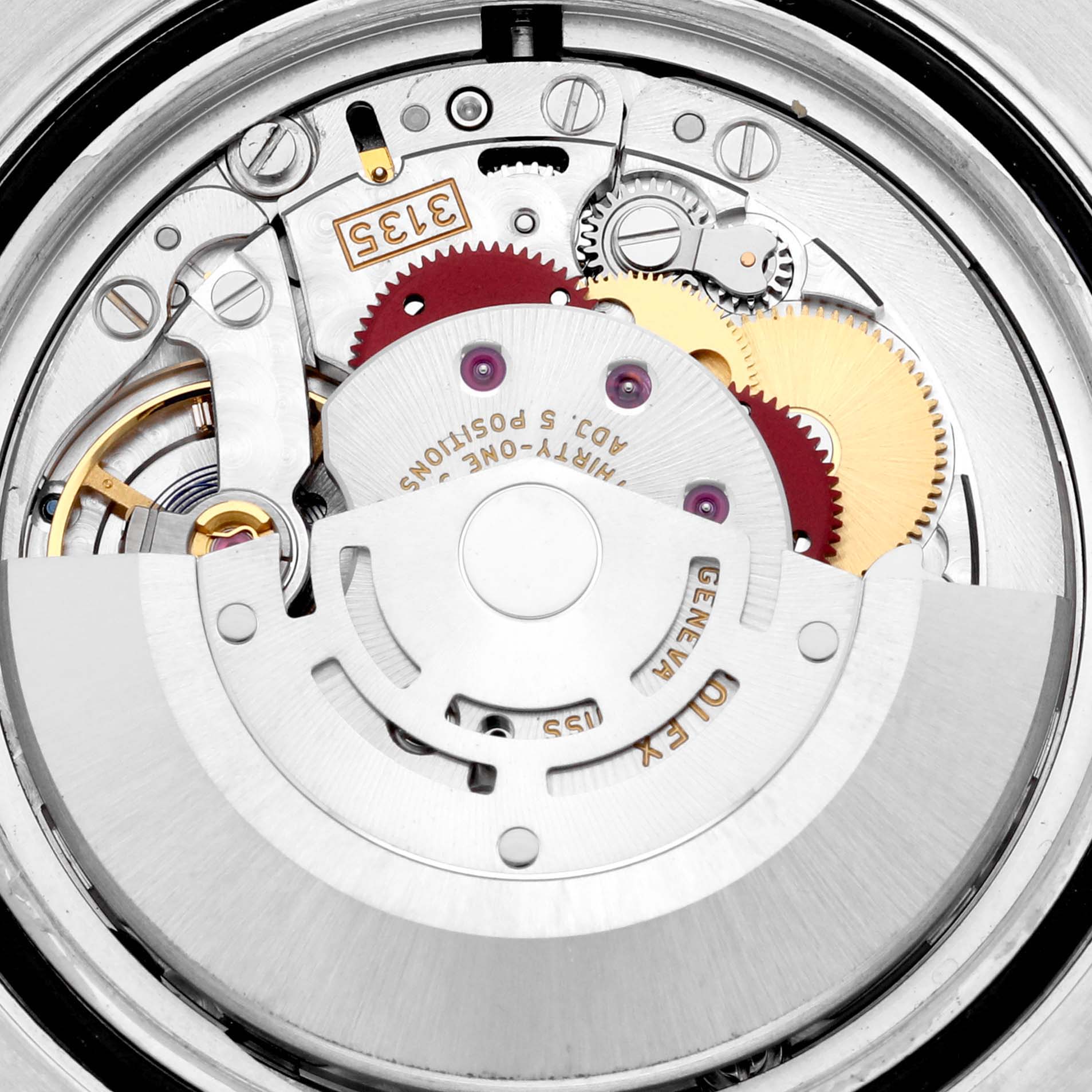The image shows a close-up angle of the internal movement components of a Rolex Submariner 116613LB Men's Steel and Gold (two tone) Blue Dial 116613LB Men's Steel and Gold (two tone) Blue Dial watch.