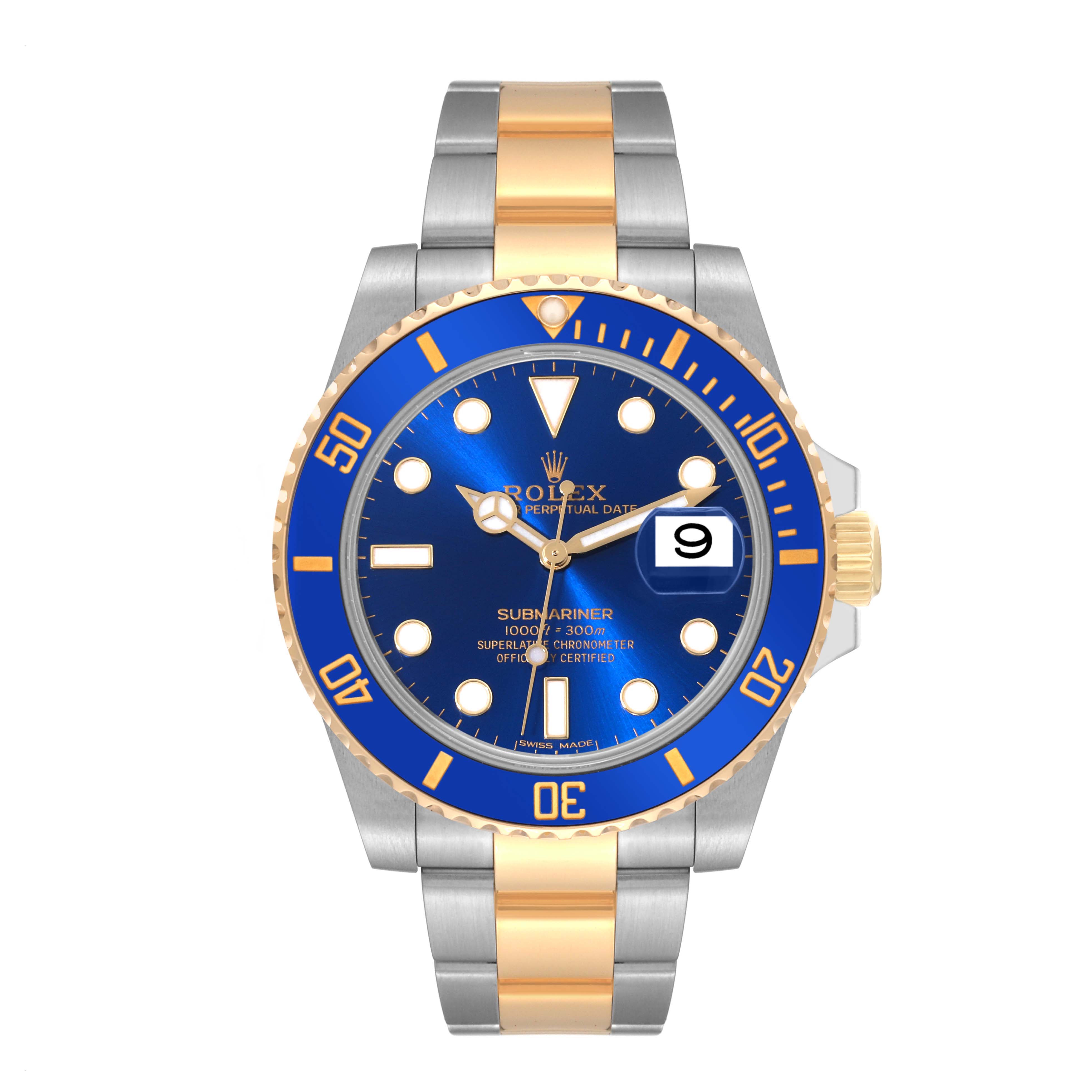 This image shows a front view of a Rolex Submariner 116613LB Men's Steel and Gold (two tone) Blue Dial 116613LB Men's Steel and Gold (two tone) Blue Dial watch, highlighting the blue dial, date window, and two-tone bracelet.