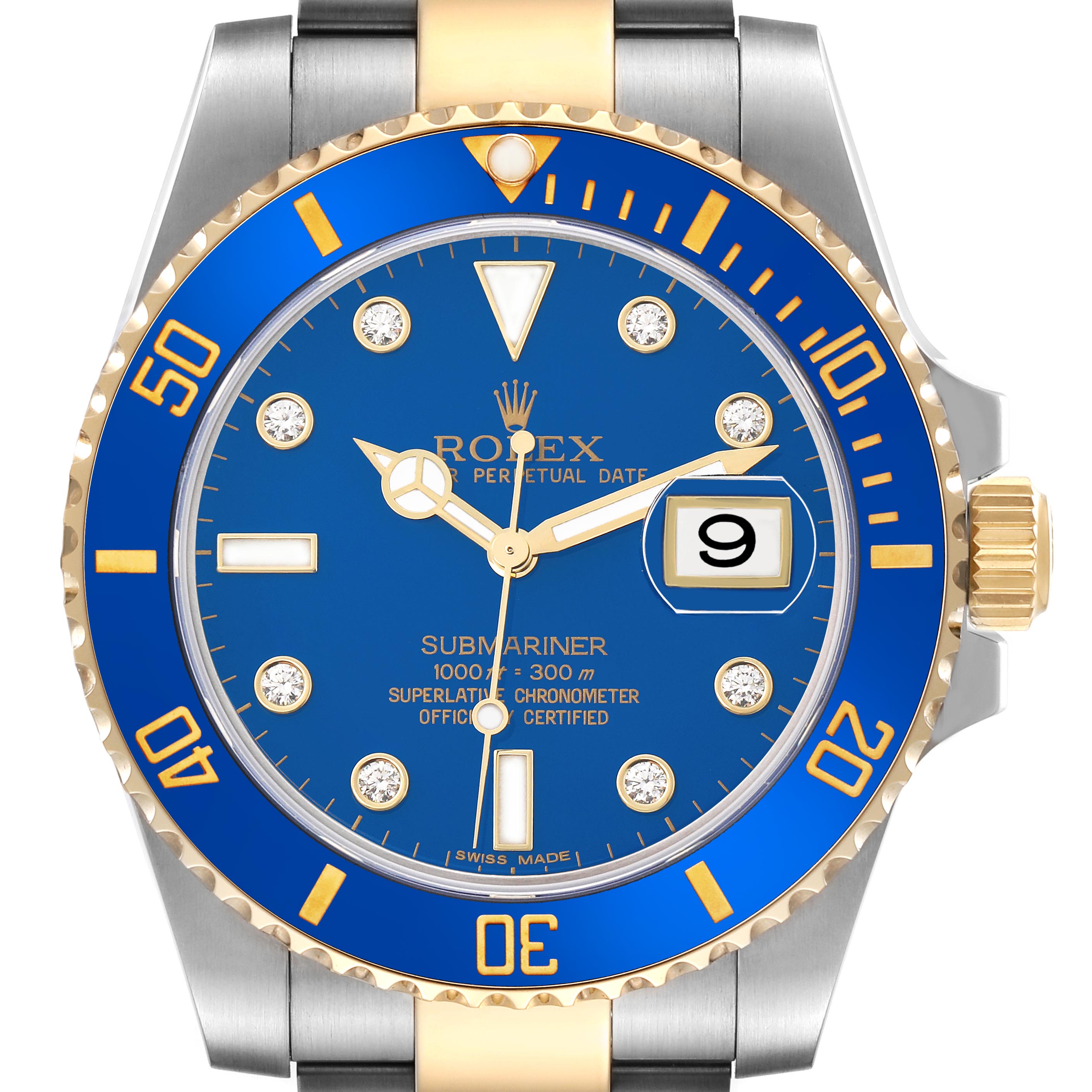 The image shows a frontal view of a Rolex Submariner 116613LB Men's Steel and Gold (two tone) Blue Dial 116613LB Men's Steel and Gold (two tone) Blue Dial, highlighting the blue dial, bezel, and the gold and silver bracelet.