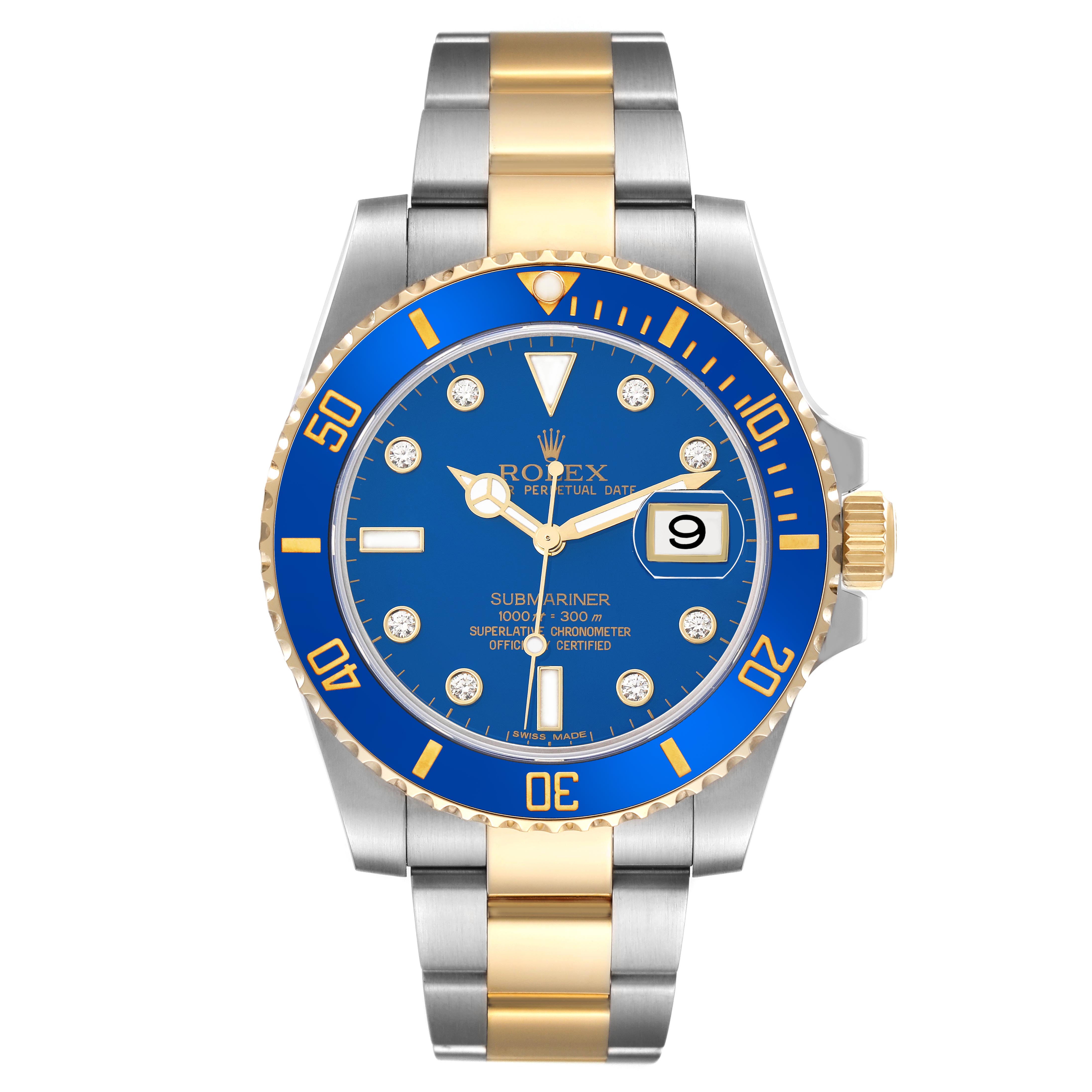 This image shows a front view of the Rolex Submariner 116613LB Men's Steel and Gold (two tone) Blue Dial 116613LB Men's Steel and Gold (two tone) Blue Dial, highlighting its blue dial, gold bezel, and two-tone bracelet.