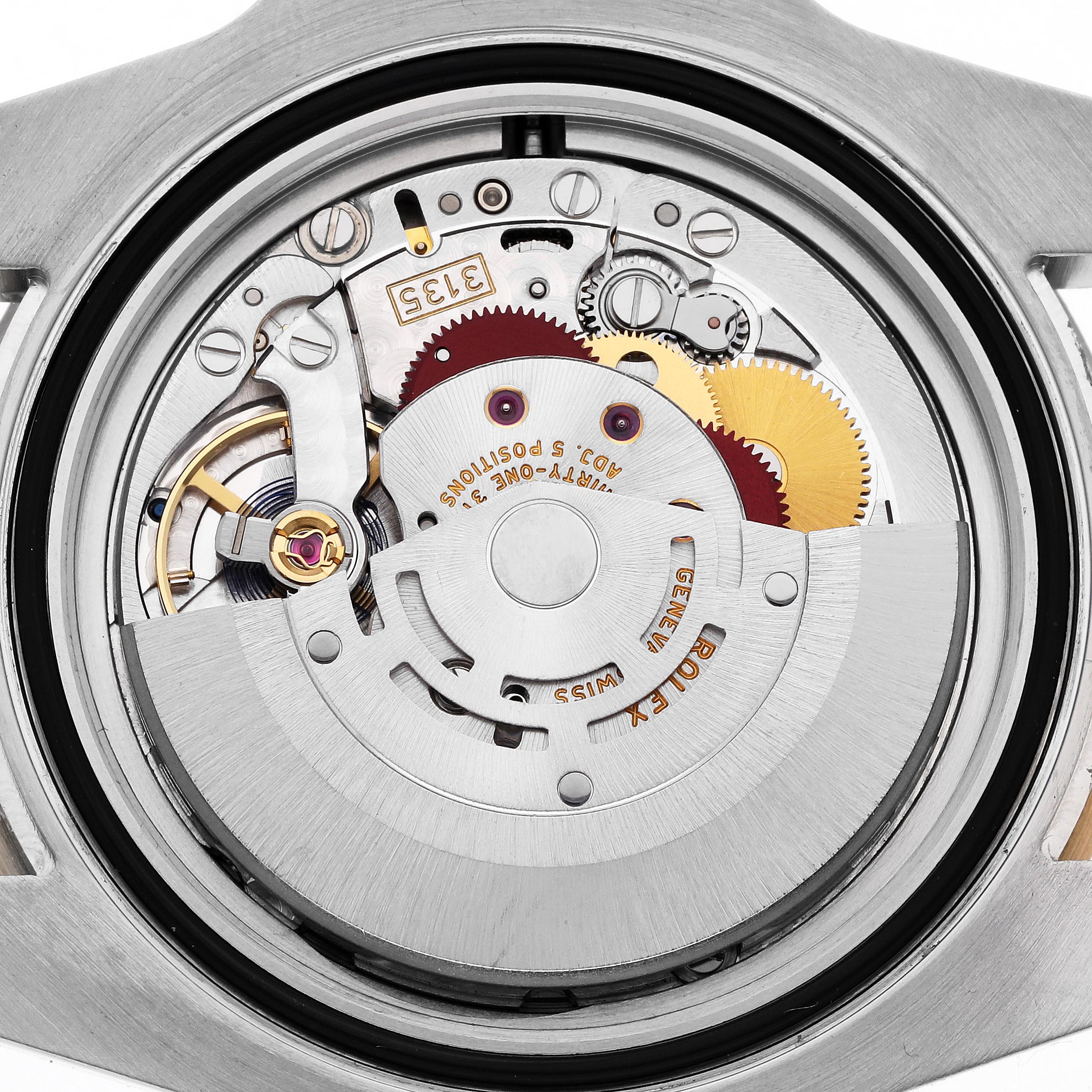 The image shows the movement mechanism viewed from the back of a Rolex Submariner 116613LB Men's Steel and Gold (two tone) Blue Dial 116613LB Men's Steel and Gold (two tone) Blue Dial watch, highlighting gears and rotor.