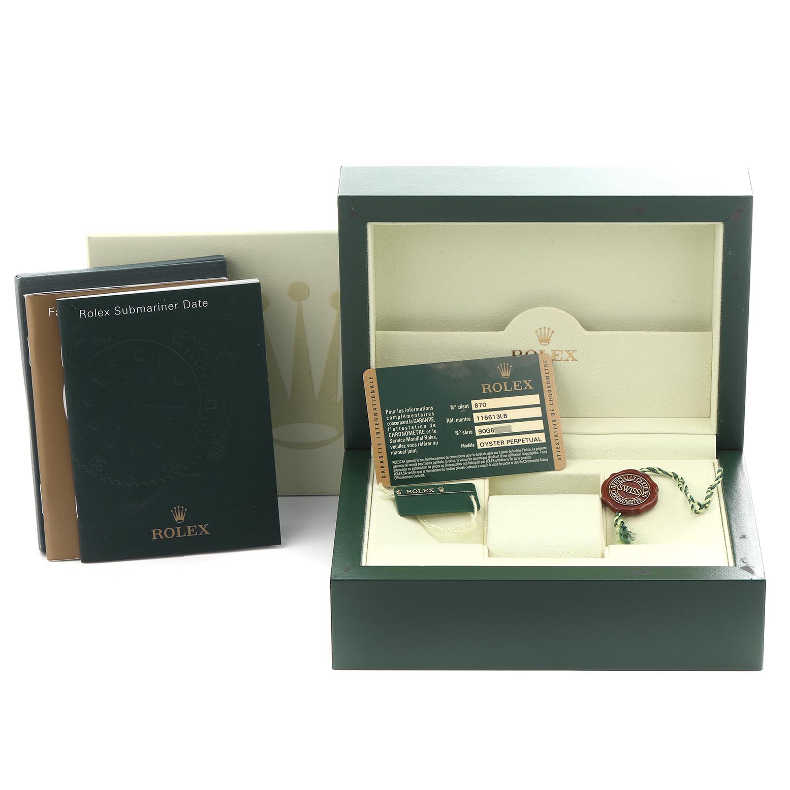 The image shows the packaging and accessories of a Rolex Submariner 116613LB Men's Steel and Gold (two tone) Blue Dial 116613LB Men's Steel and Gold (two tone) Blue Dial, including manuals, a warranty card, and a protective case.