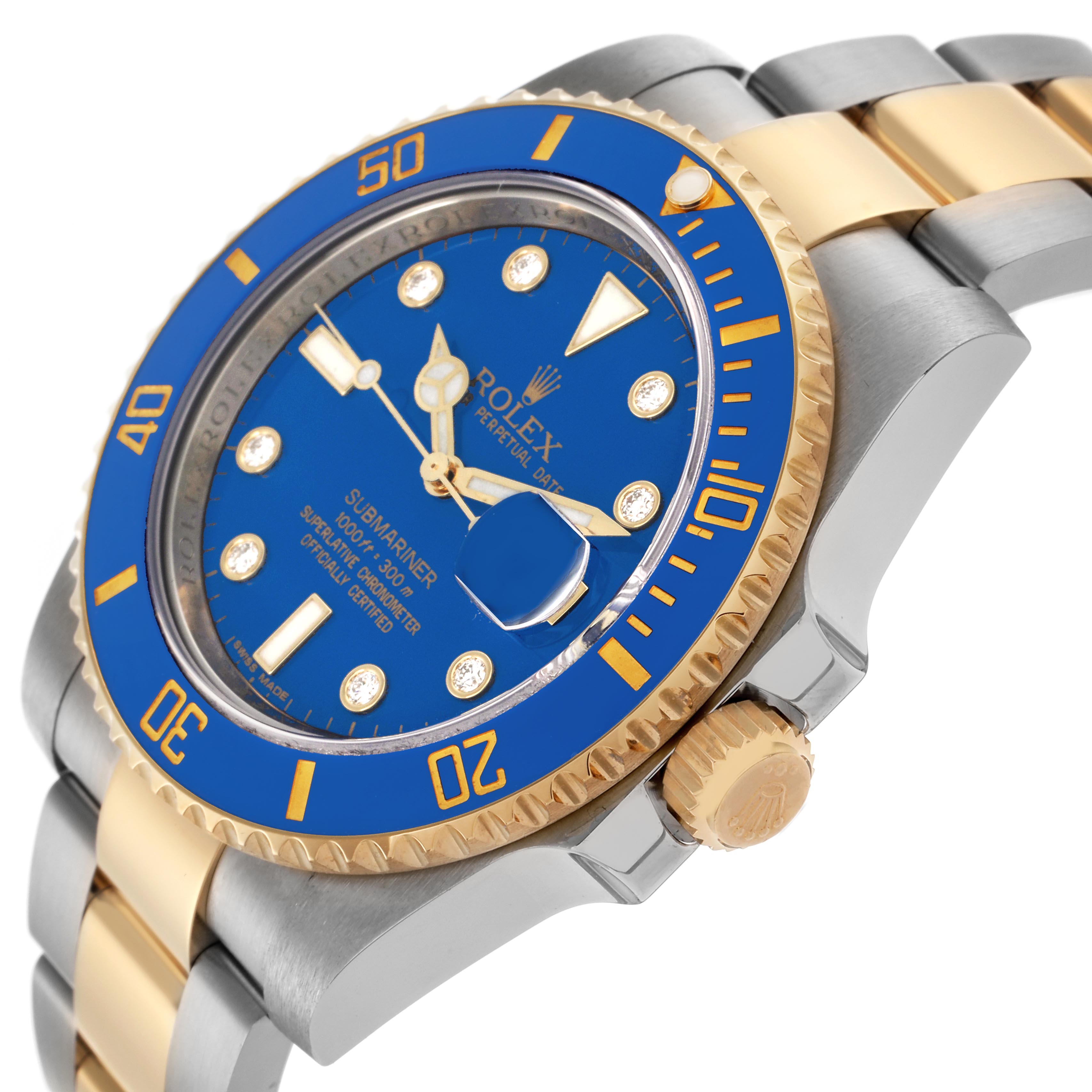The image shows a side angle of a Rolex Submariner 116613LB Men's Steel and Gold (two tone) Blue Dial 116613LB Men's Steel and Gold (two tone) Blue Dial, highlighting the blue bezel, gold accents, and the bracelet.