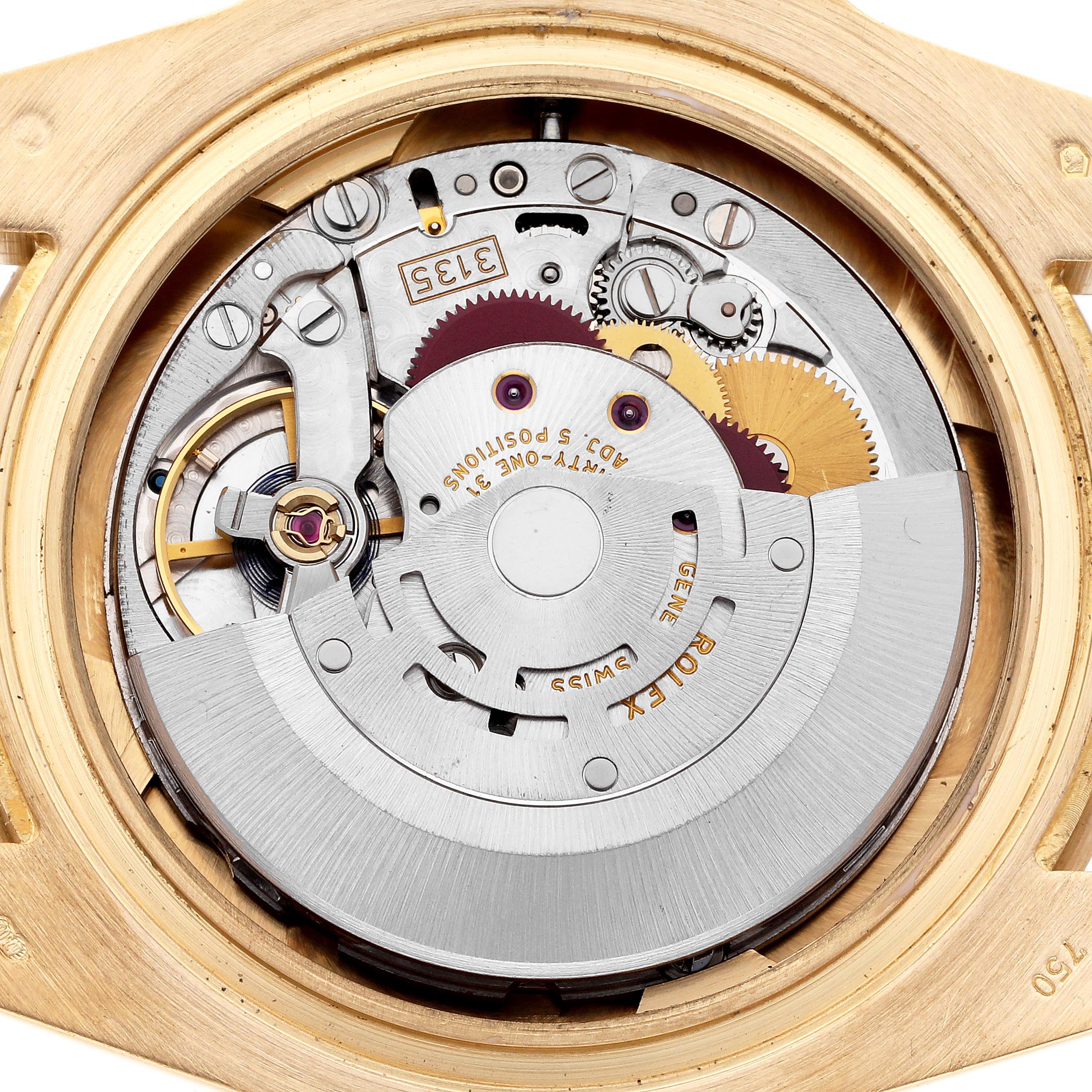 The image shows the internal movement of a Rolex Submariner 116618LB Men's Yellow Gold Blue Dial 116618LB Men's Yellow Gold Blue Dial watch, viewed from the back, highlighting the rotor and gears.