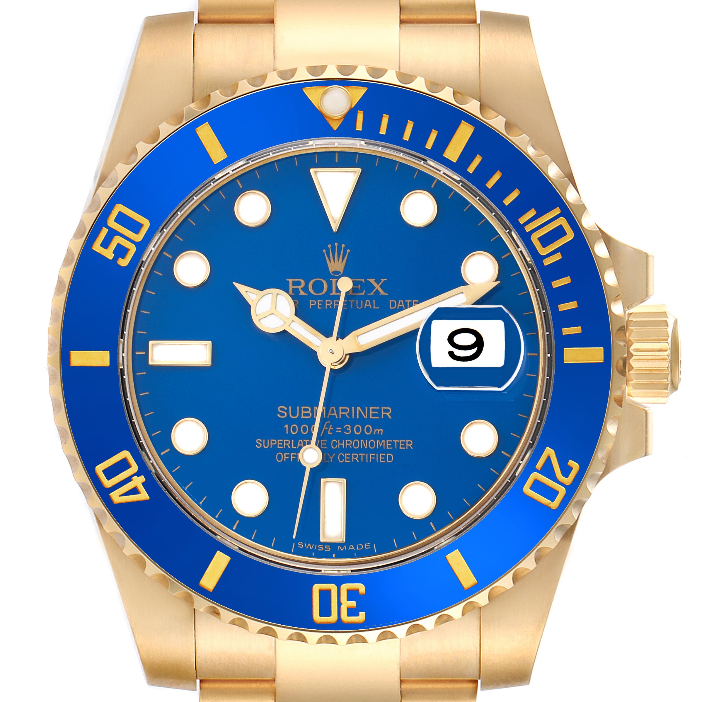 The image shows a frontal view of a Rolex Submariner 116618LB Men's Yellow Gold Blue Dial 116618LB Men's Yellow Gold Blue Dial, highlighting the blue bezel, dial, and gold bracelet.