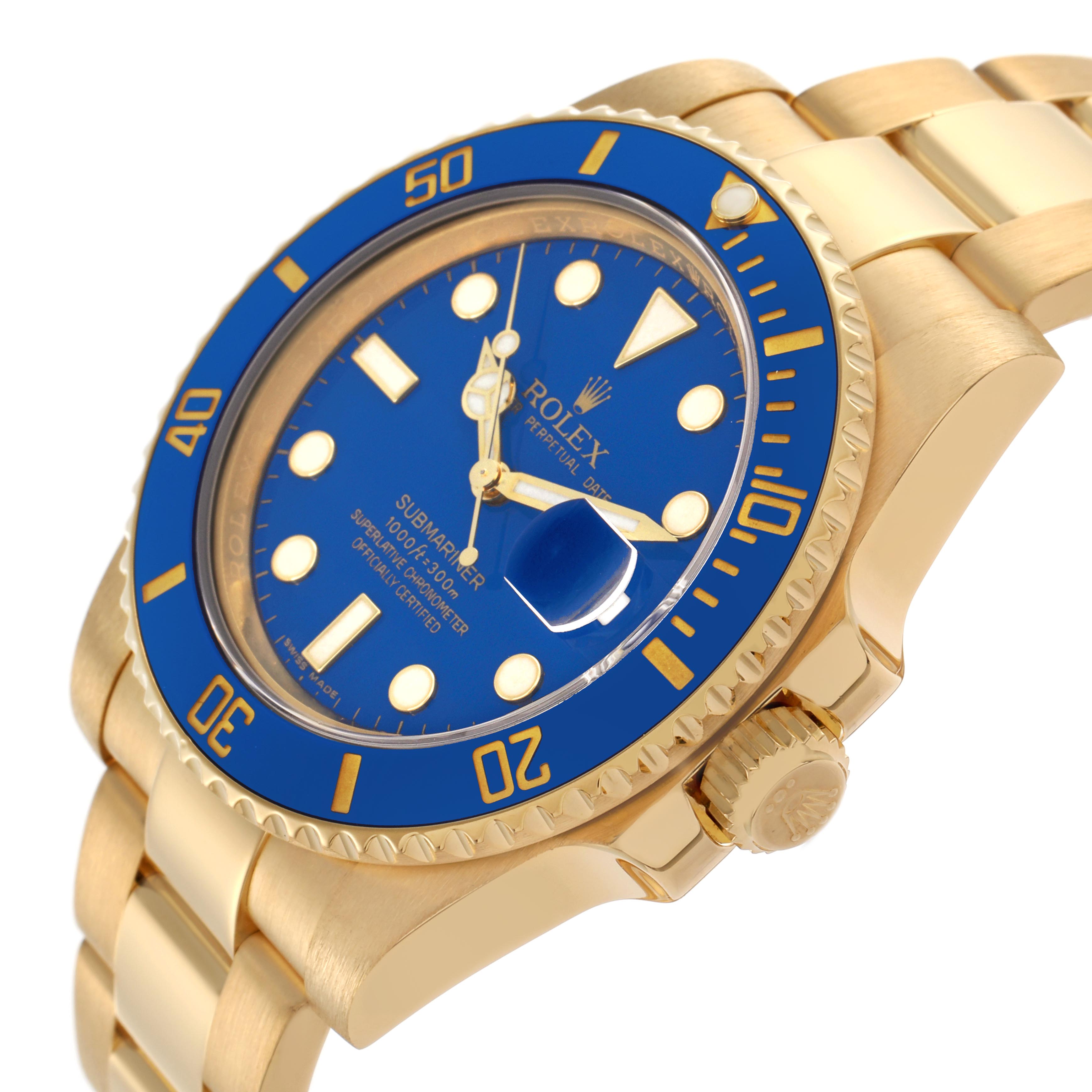 The Rolex Submariner 116618LB Men's Yellow Gold Blue Dial 116618LB Men's Yellow Gold Blue Dial watch is shown at an oblique angle, highlighting the gold bracelet, blue bezel, dial, and crown.