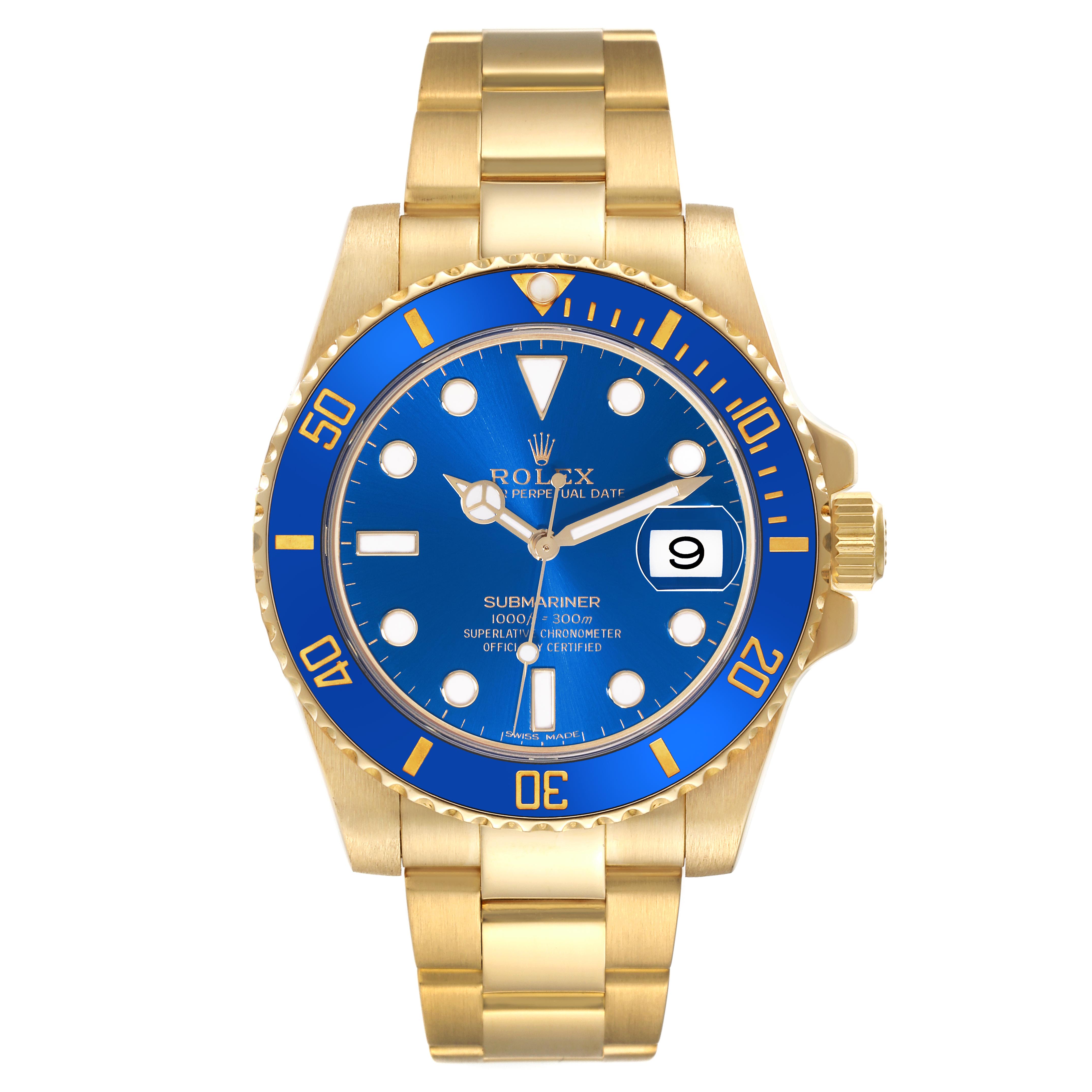 The Rolex Submariner 116618LB Men's Yellow Gold Blue Dial 116618LB Men's Yellow Gold Blue Dial watch is shown from a front angle, displaying its blue dial, bezel, gold bracelet, and date window.
