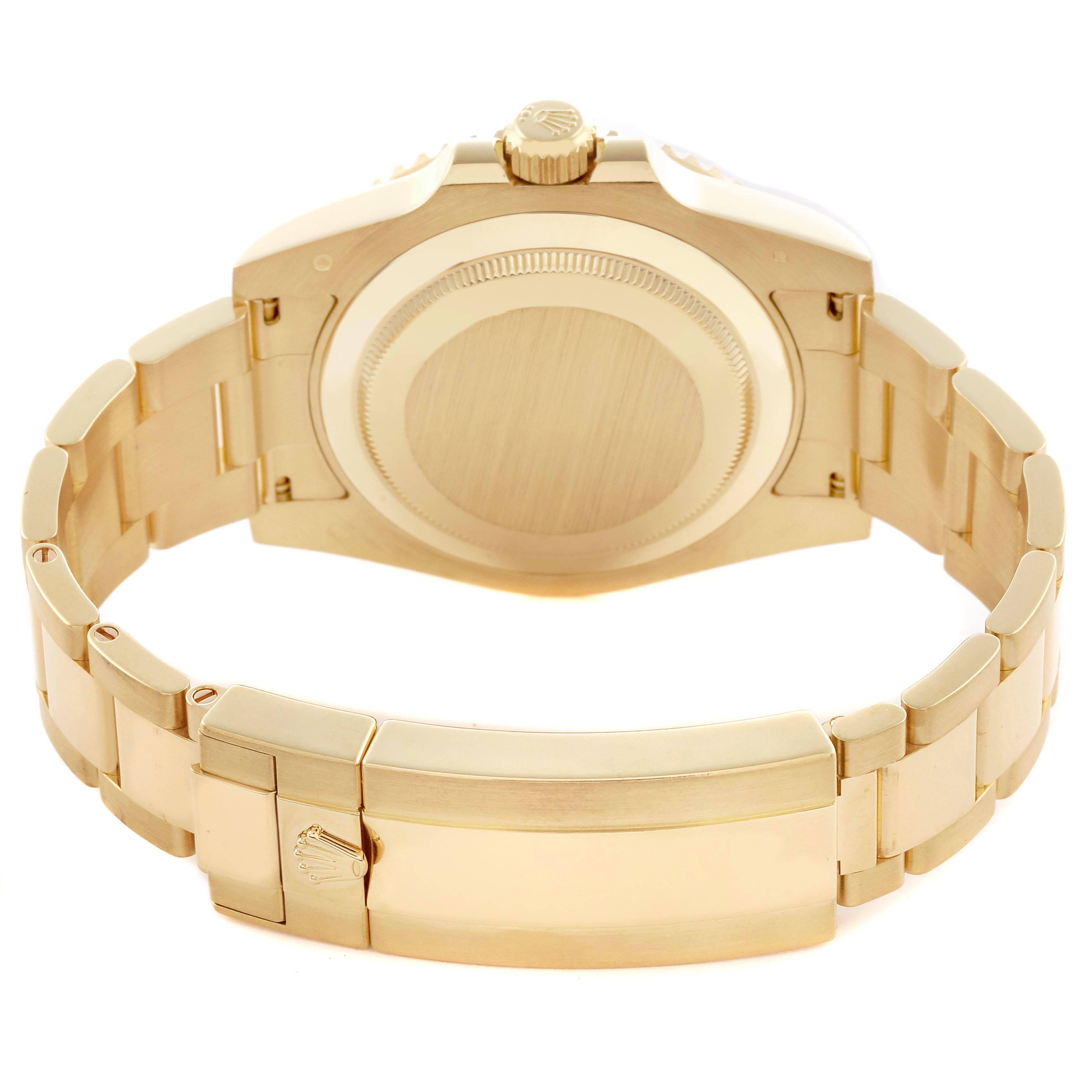 The image shows the back view of the Rolex Submariner 116618LB Men's Yellow Gold Blue Dial 116618LB Men's Yellow Gold Blue Dial, highlighting the clasp, bracelet, and case back.