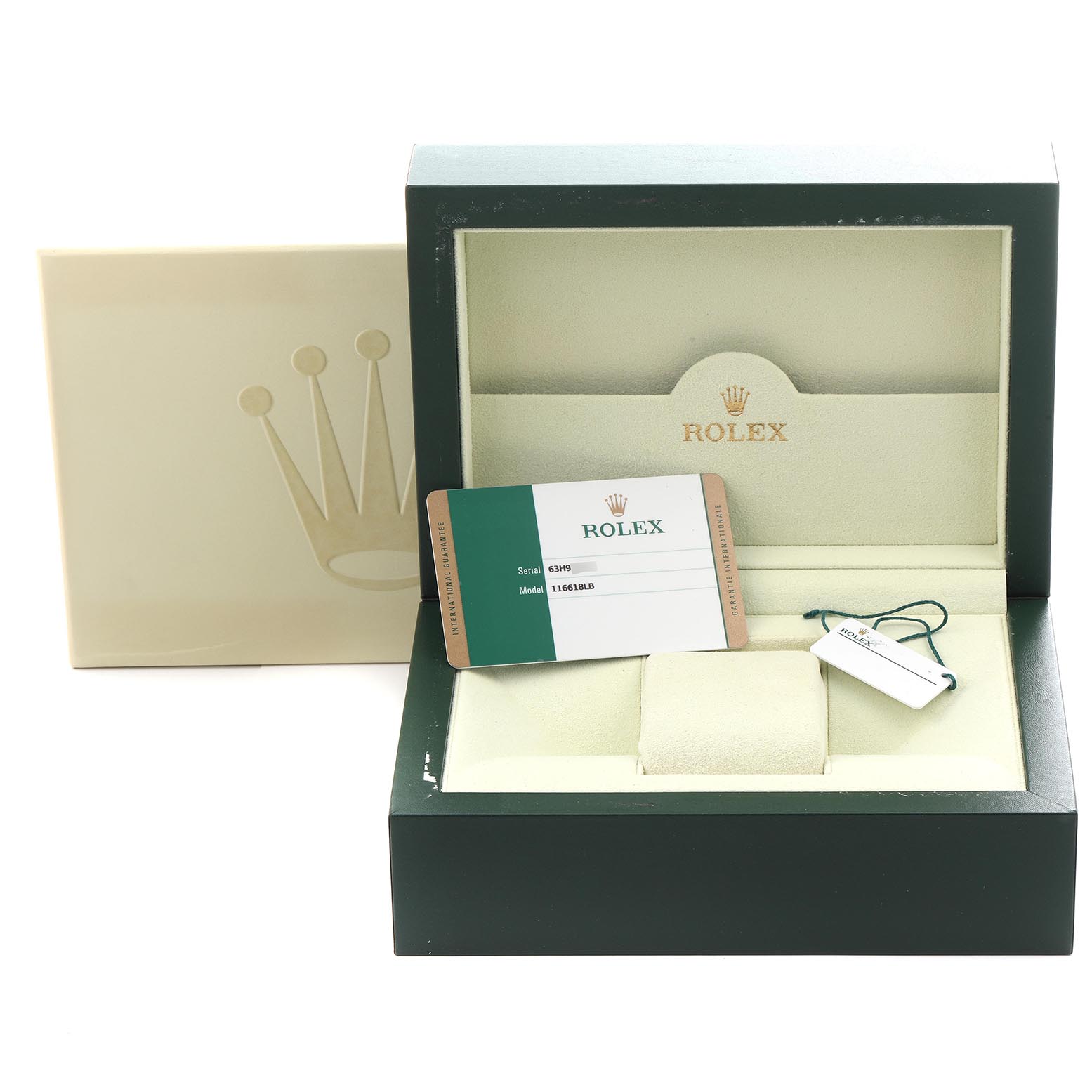 The image shows an open Rolex Submariner 116618LB Men's Yellow Gold Blue Dial 116618LB Men's Yellow Gold Blue Dial box with a certificate, tag, and cushion inside.