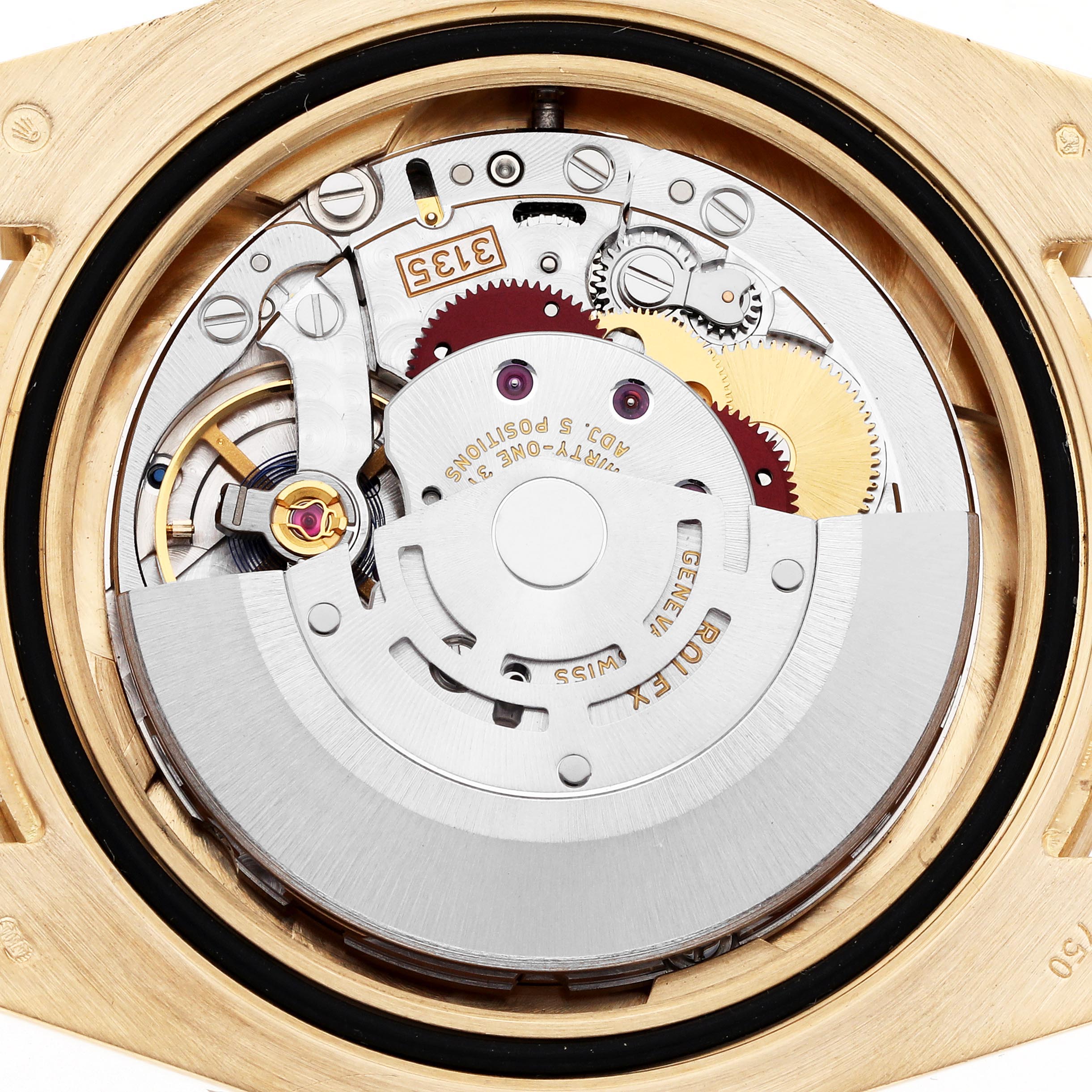 The image shows the back view of the Rolex Submariner 116618LB Men's Yellow Gold Blue Dial 116618LB Men's Yellow Gold Blue Dial's movement with visible gears and rotor.