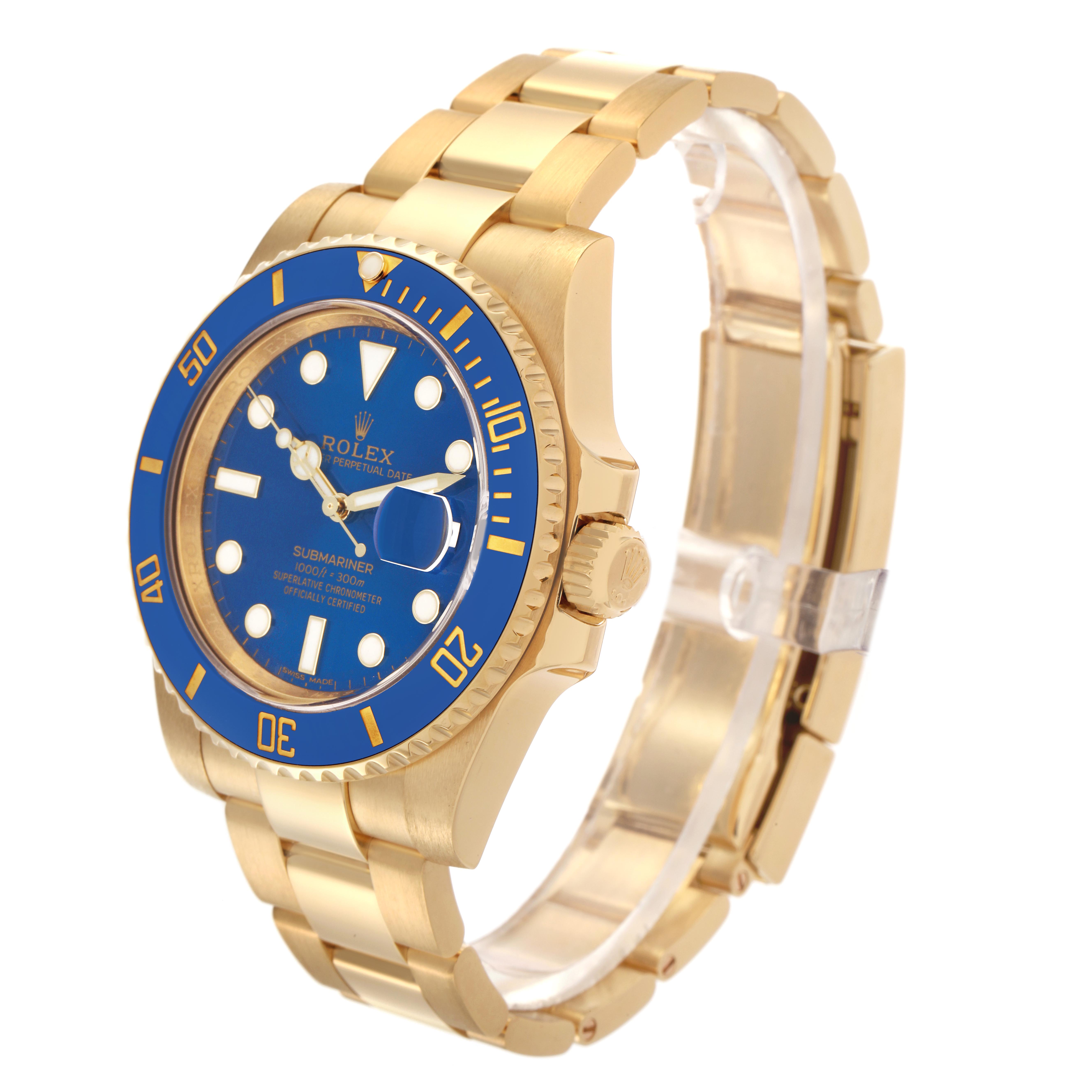 The Rolex Submariner 116618LB Men's Yellow Gold Blue Dial 116618LB Men's Yellow Gold Blue Dial is shown at a three-quarter angle, highlighting the bracelet, crown, blue dial, and bezel.